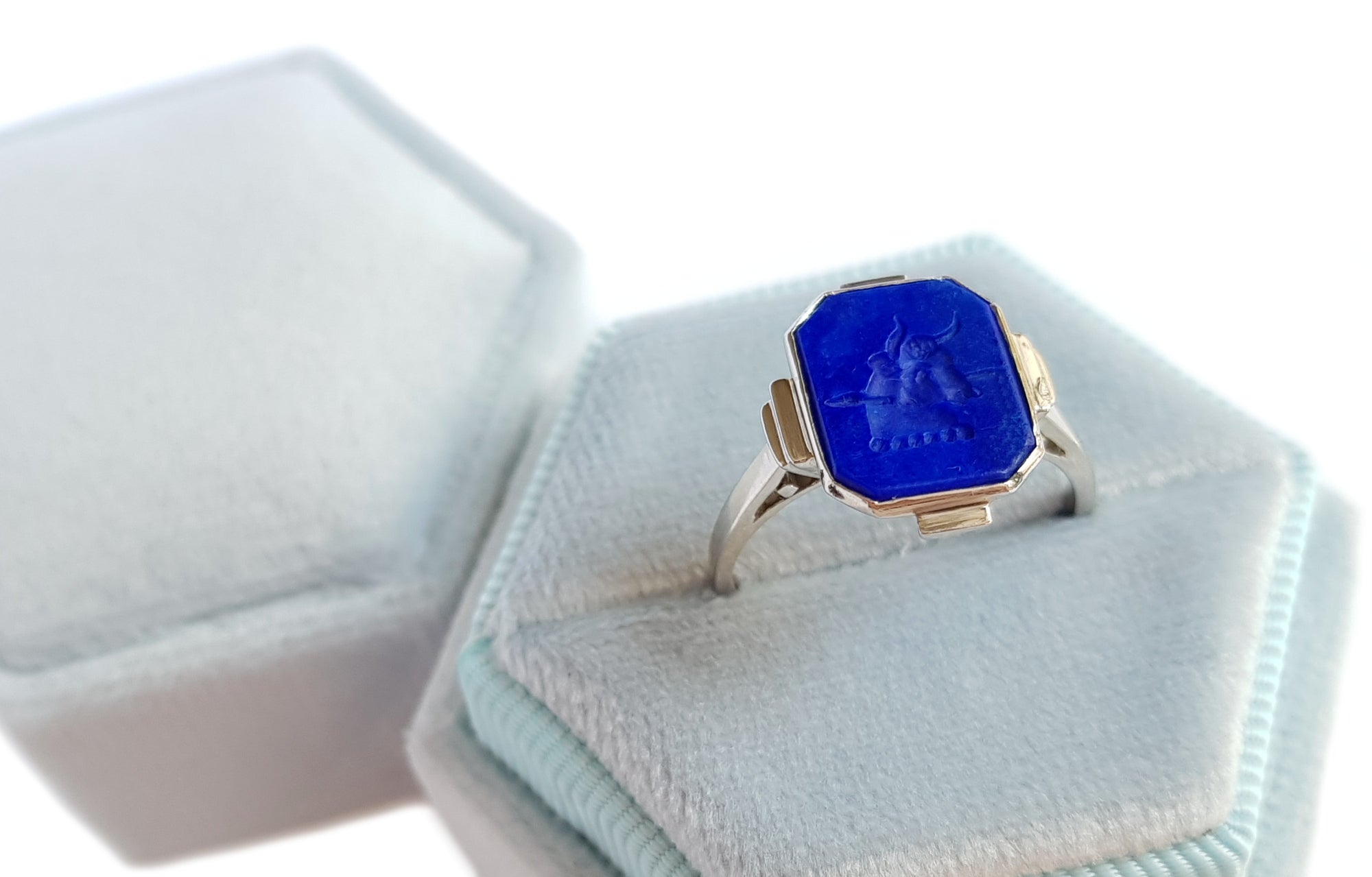 Original Art Deco Platinum Ring with Lapis Lazuli Bull's Head Intaglio