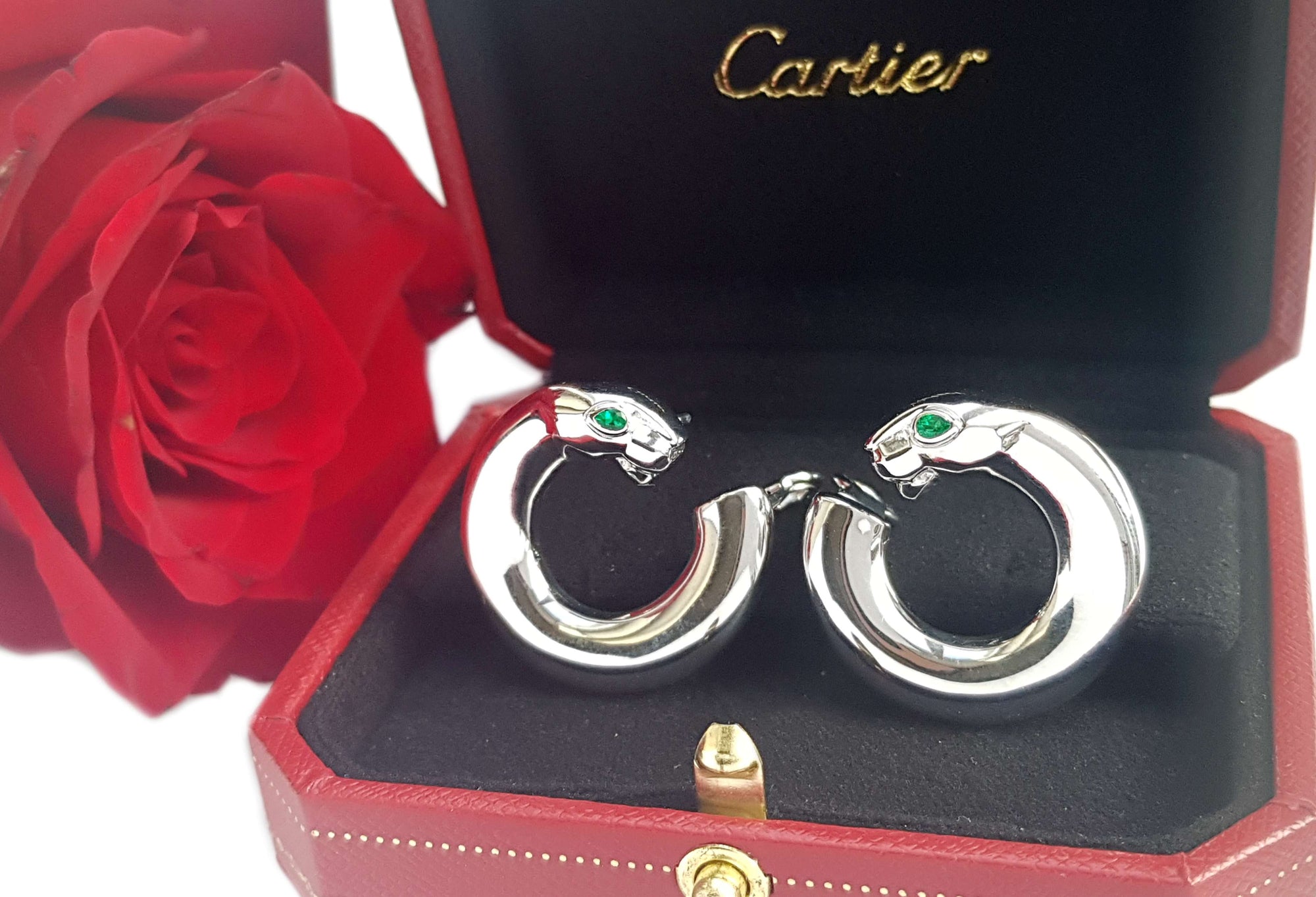 Vintage 1995 Cartier Panthere Emerald Eye Hoop Earrings