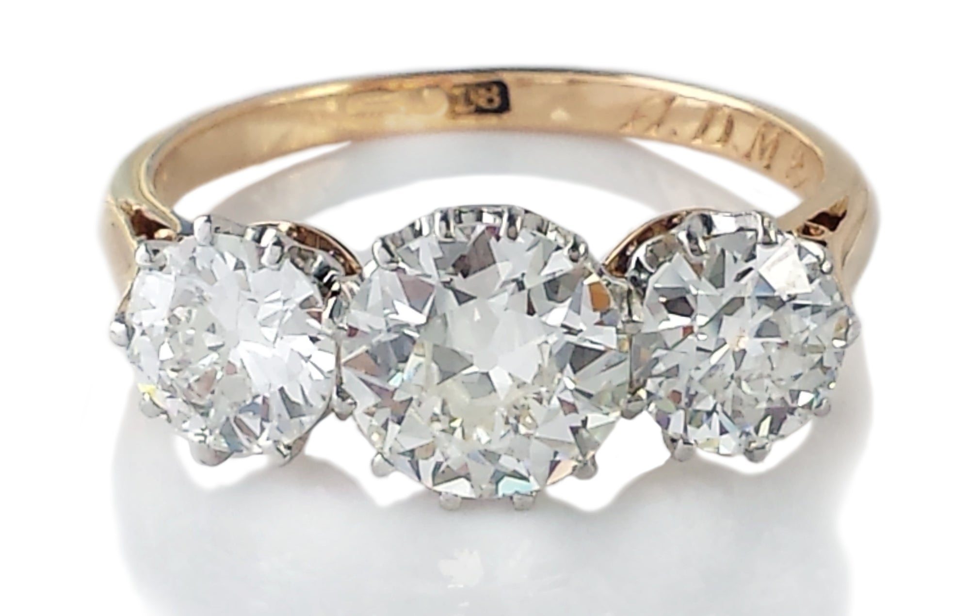 Antique 1920s 3-Stone 1.90tcw J/VS1 Old European Cut Diamond Engagement Ring
