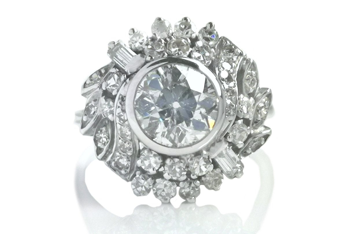 1950s French Mid-Century 2.15tcw G/SI2 Old Cut Diamond Cluster Engagement Ring