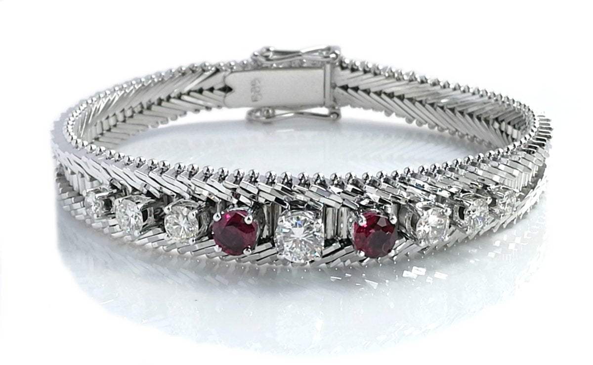 1960s Vintage 2.34tcw Diamond & Ruby Herringbone Bracelet in 14k White Gold - Bloomsbury Manor Ltd