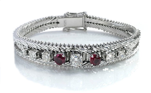 1960s Vintage 2.34tcw Diamond & Ruby Herringbone Bracelet in 14k White Gold - Bloomsbury Manor Ltd