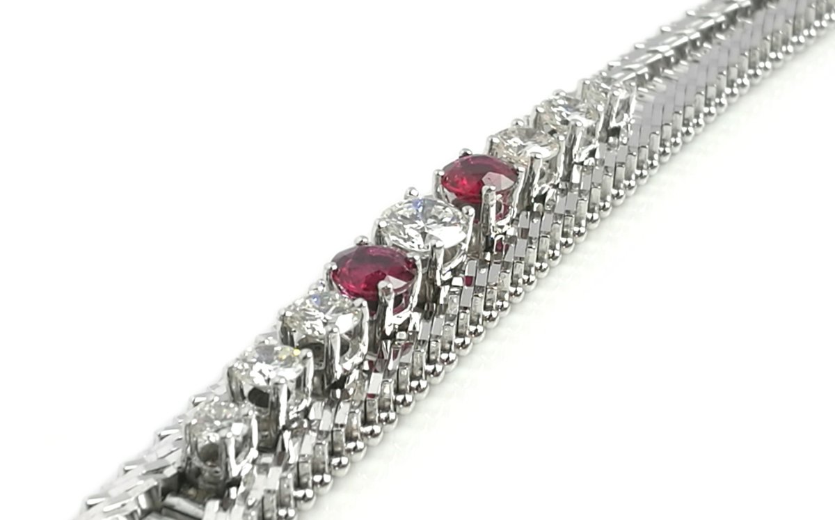 1960s Vintage 2.34tcw Diamond & Ruby Herringbone Bracelet in 14k White Gold - Bloomsbury Manor Ltd