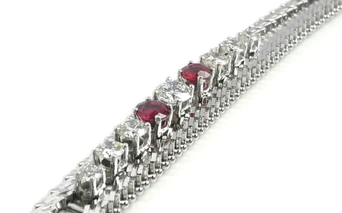 1960s Vintage 2.34tcw Diamond & Ruby Herringbone Bracelet in 14k White Gold - Bloomsbury Manor Ltd