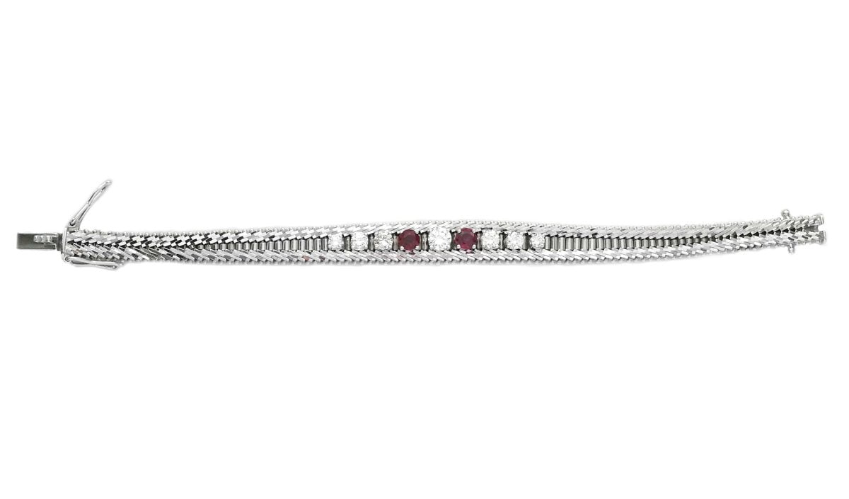 1960s Vintage 2.34tcw Diamond & Ruby Herringbone Bracelet in 14k White Gold - Bloomsbury Manor Ltd