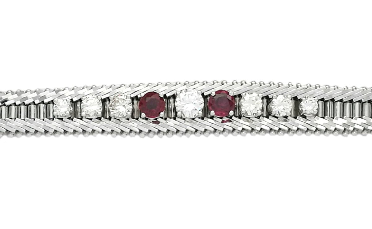 1960s Vintage 2.34tcw Diamond & Ruby Herringbone Bracelet in 14k White Gold - Bloomsbury Manor Ltd