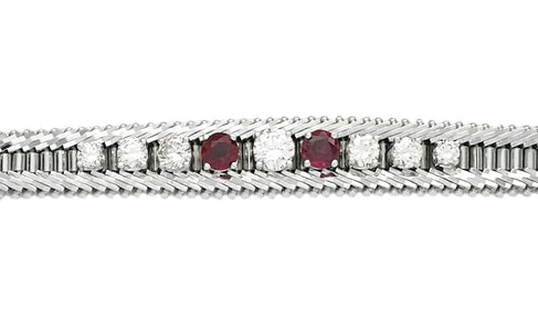 1960s Vintage 2.34tcw Diamond & Ruby Herringbone Bracelet in 14k White Gold - Bloomsbury Manor Ltd