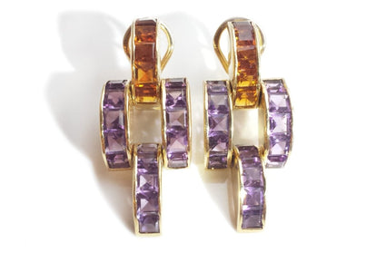 1980s Vintage Amethyst Citrine Gem Set Earrings - Bloomsbury Manor Ltd