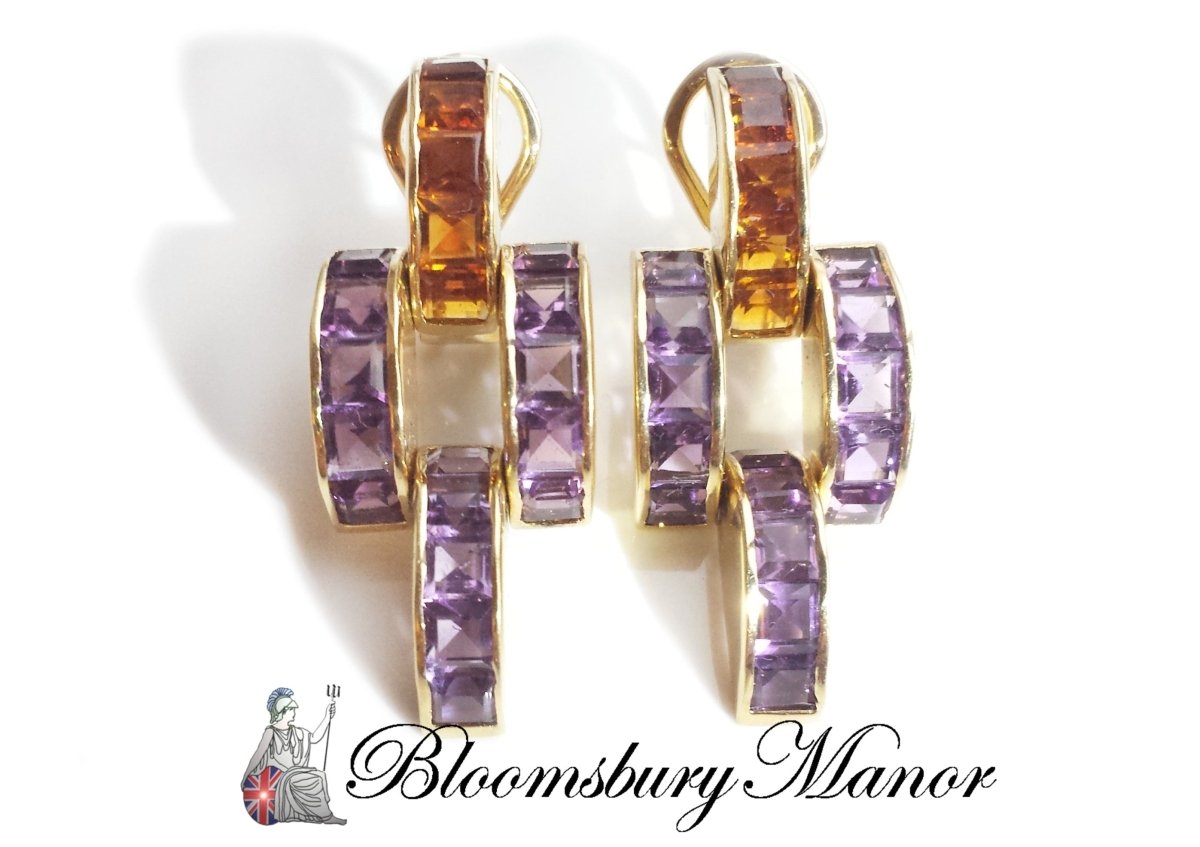 1980s Vintage Amethyst Citrine Gem Set Earrings - Bloomsbury Manor Ltd