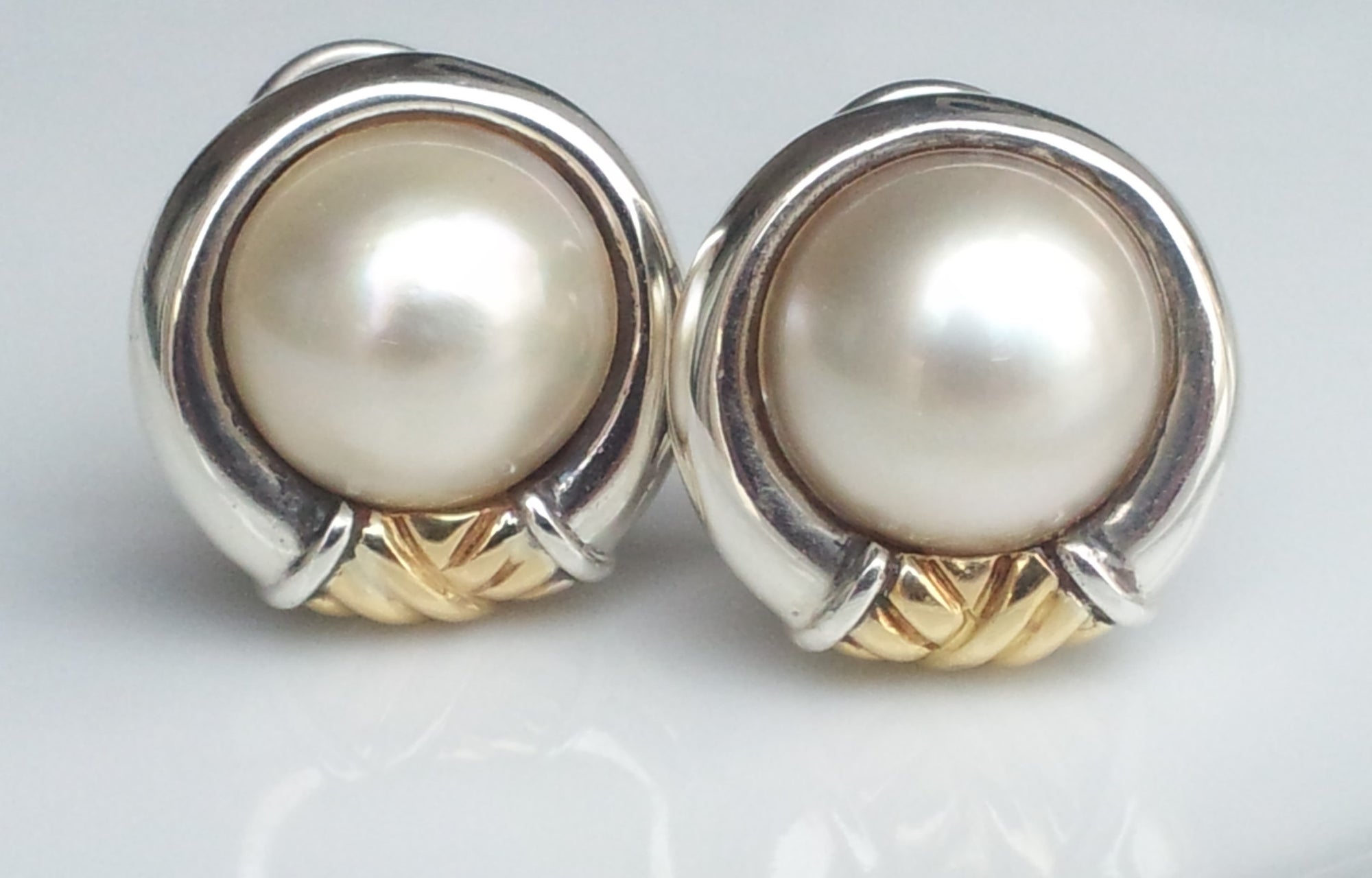 Tiffany & Co. Vintage Sterling Silver & 18K Yellow Gold Mabe Pearl Earrings with French Backs