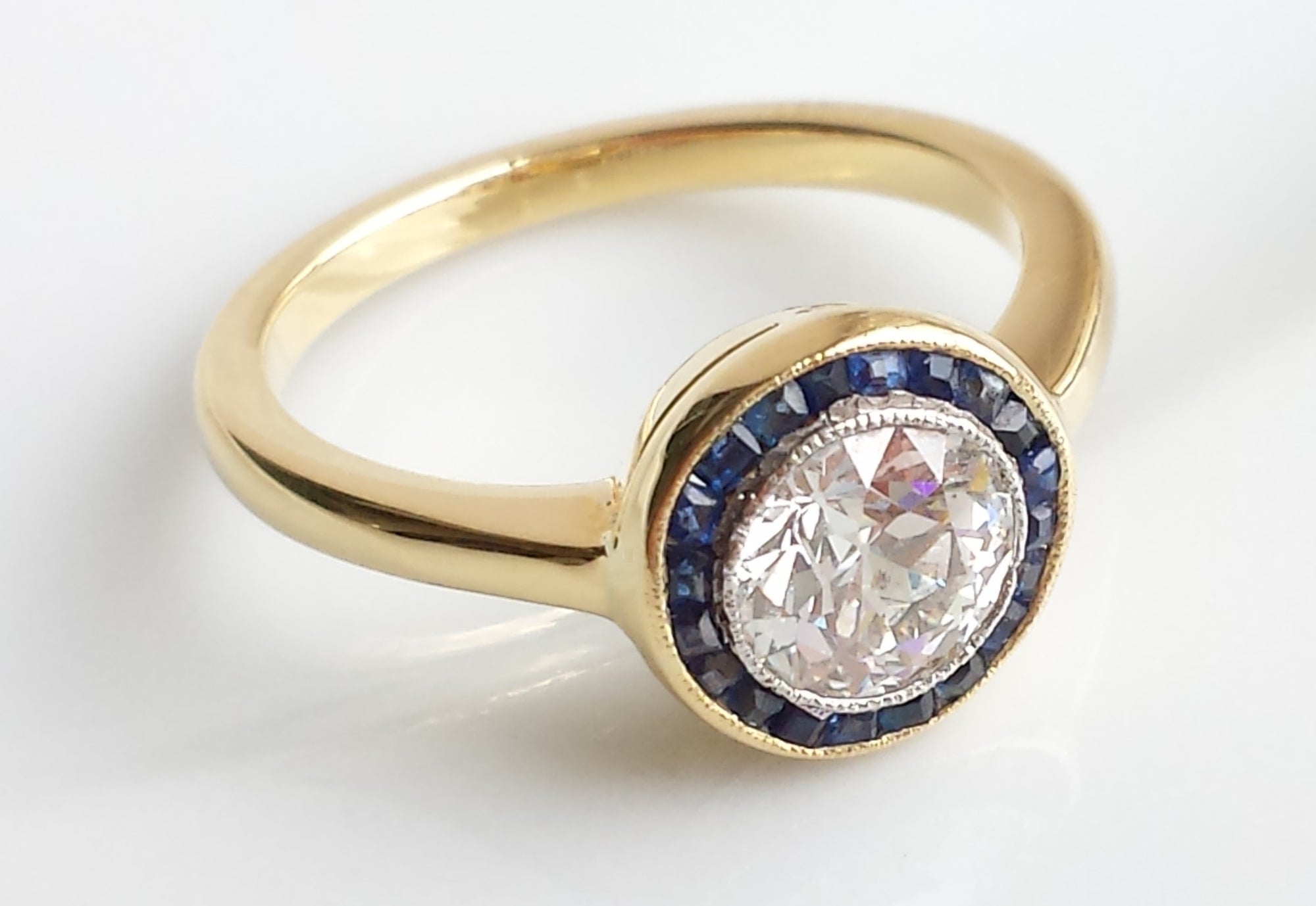 Art Deco Halo / Target Diamond & Sapphire Engagement Ring in 18k Yellow Gold