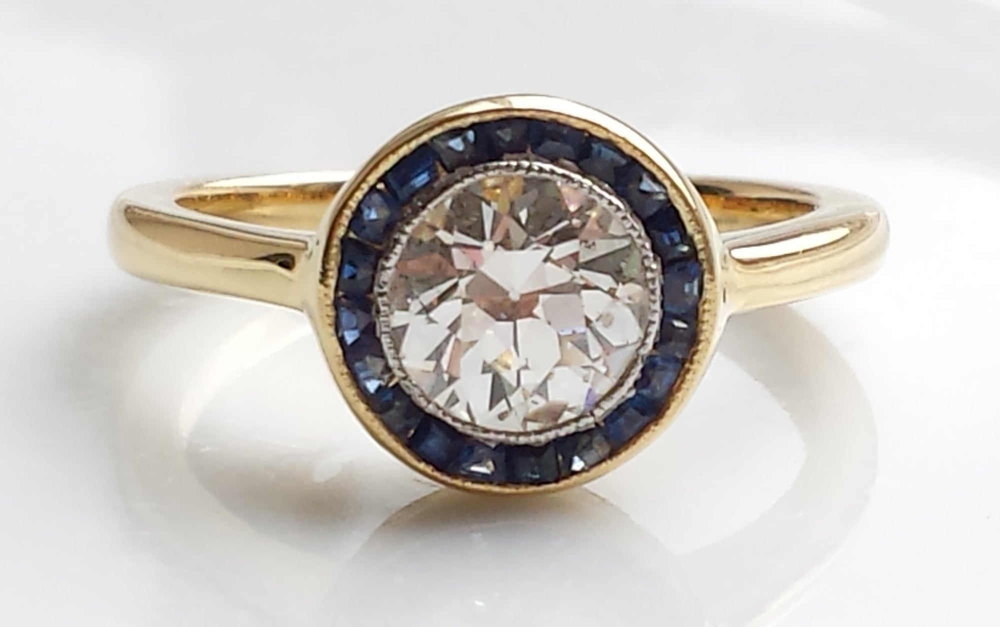 Art Deco Halo / Target Diamond & Sapphire Engagement Ring in 18k Yellow Gold