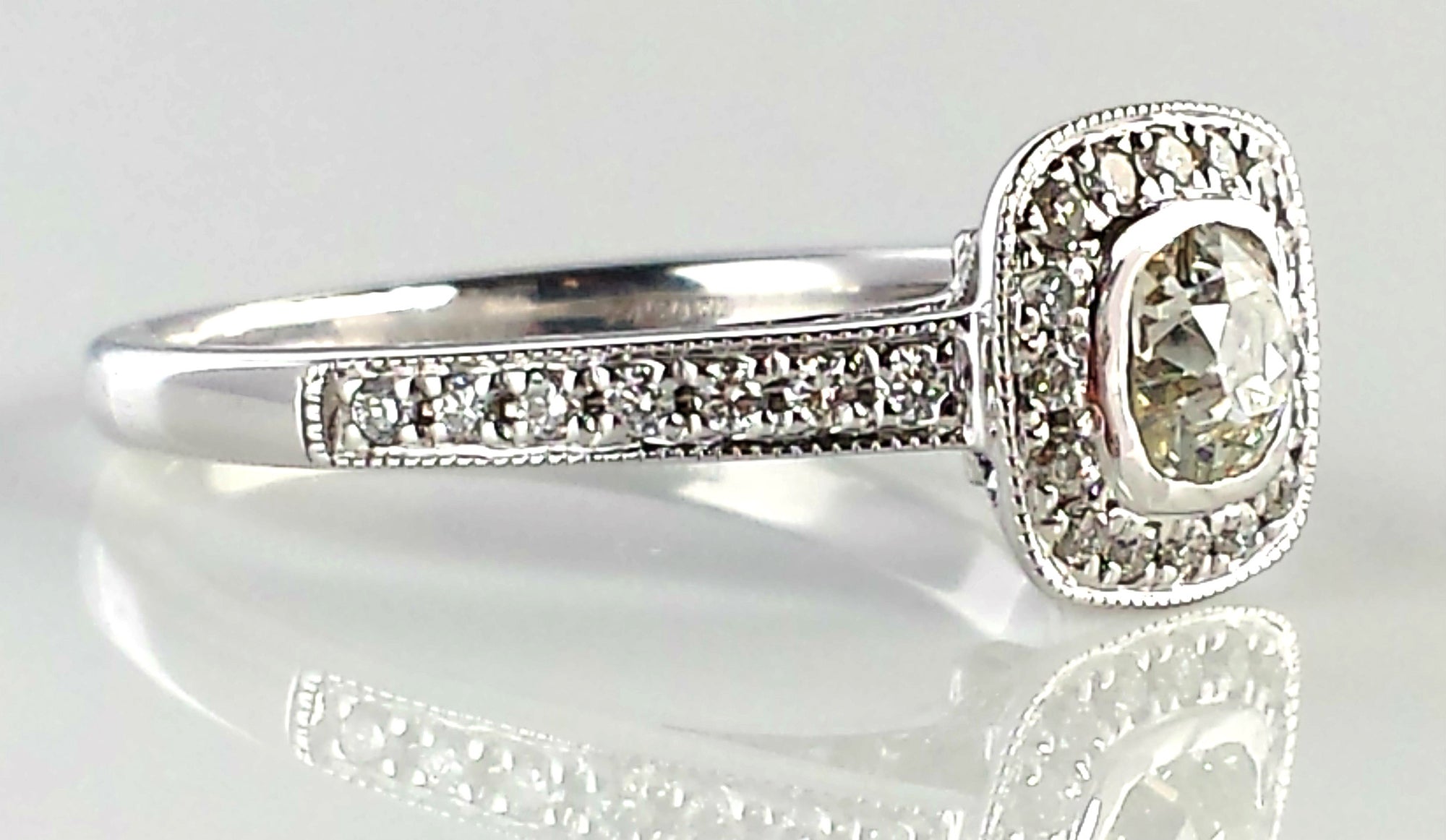 0.72ct Legacy Style Pavé Set Engagement Ring, with Old Mine Cut Diamond in 18K White Gold & GIA Cert.
