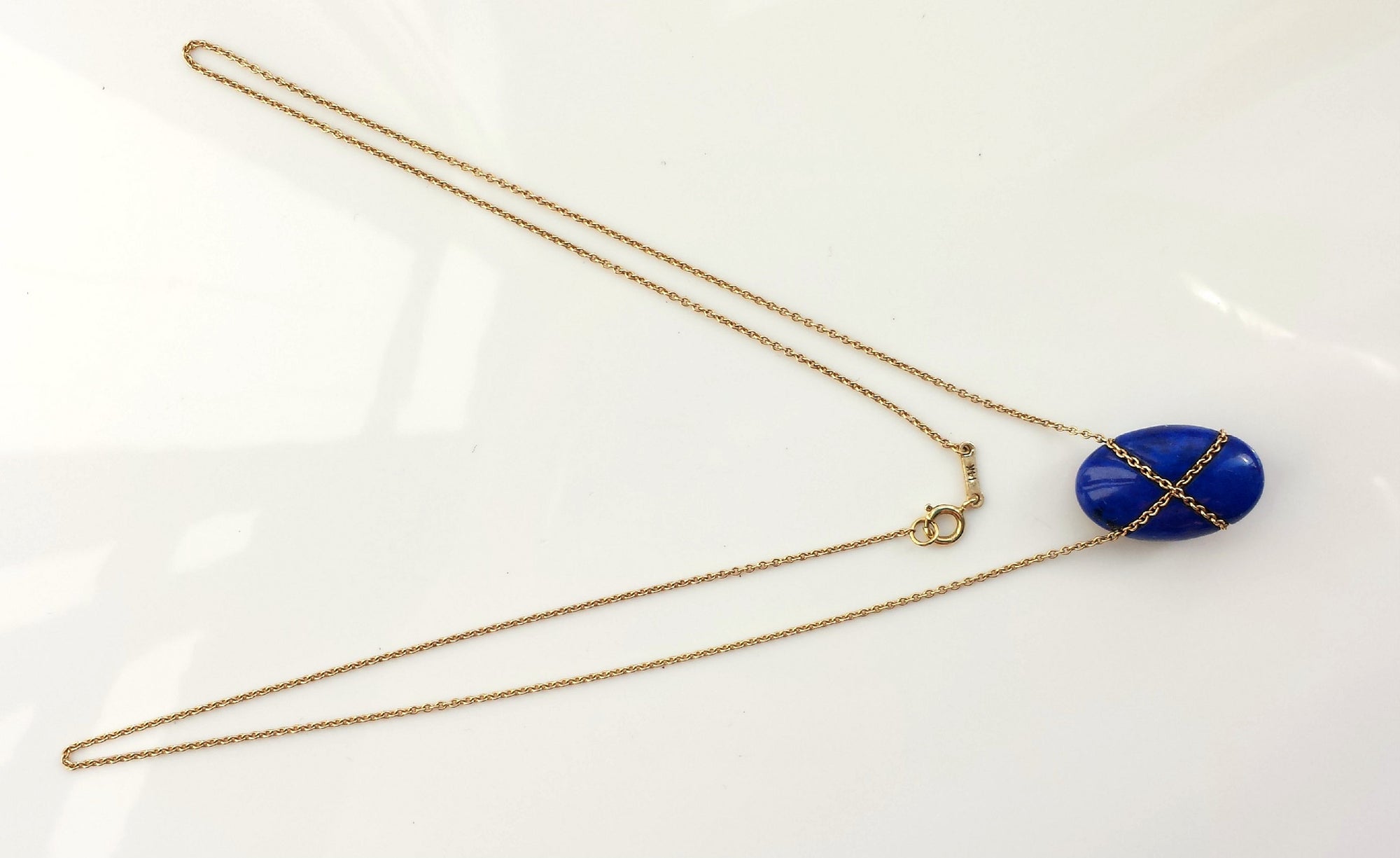 Vintage Tiffany & Co. Lapis Lazuli Bean Pendant / Necklace with 18in Gold Chain