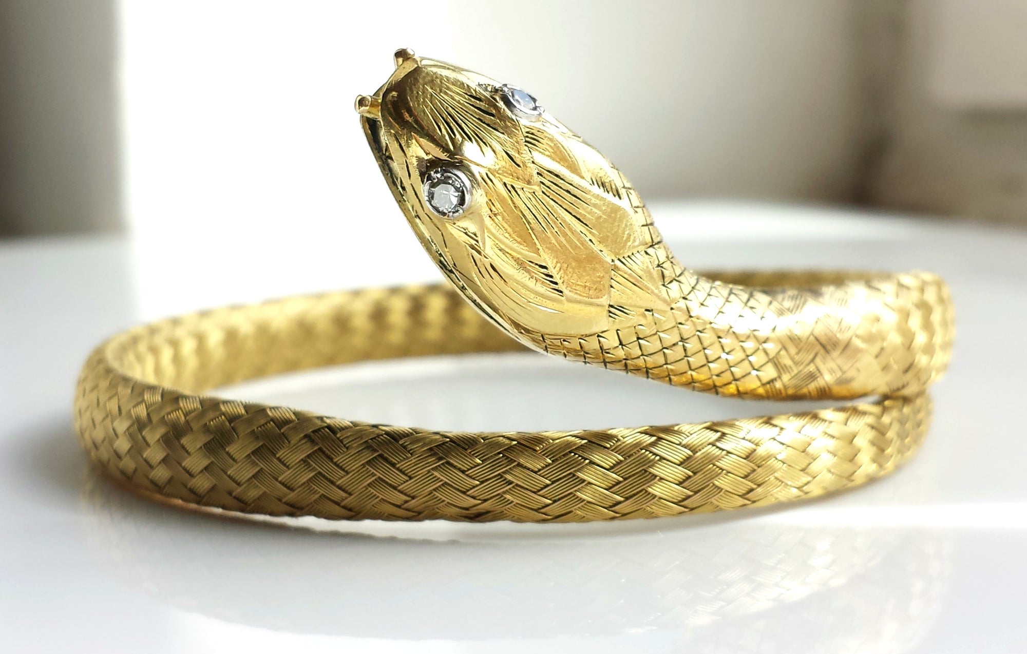 Victorian Antique French Estate 18k Yellow Gold Diamond Snake / Serpent Bracelet