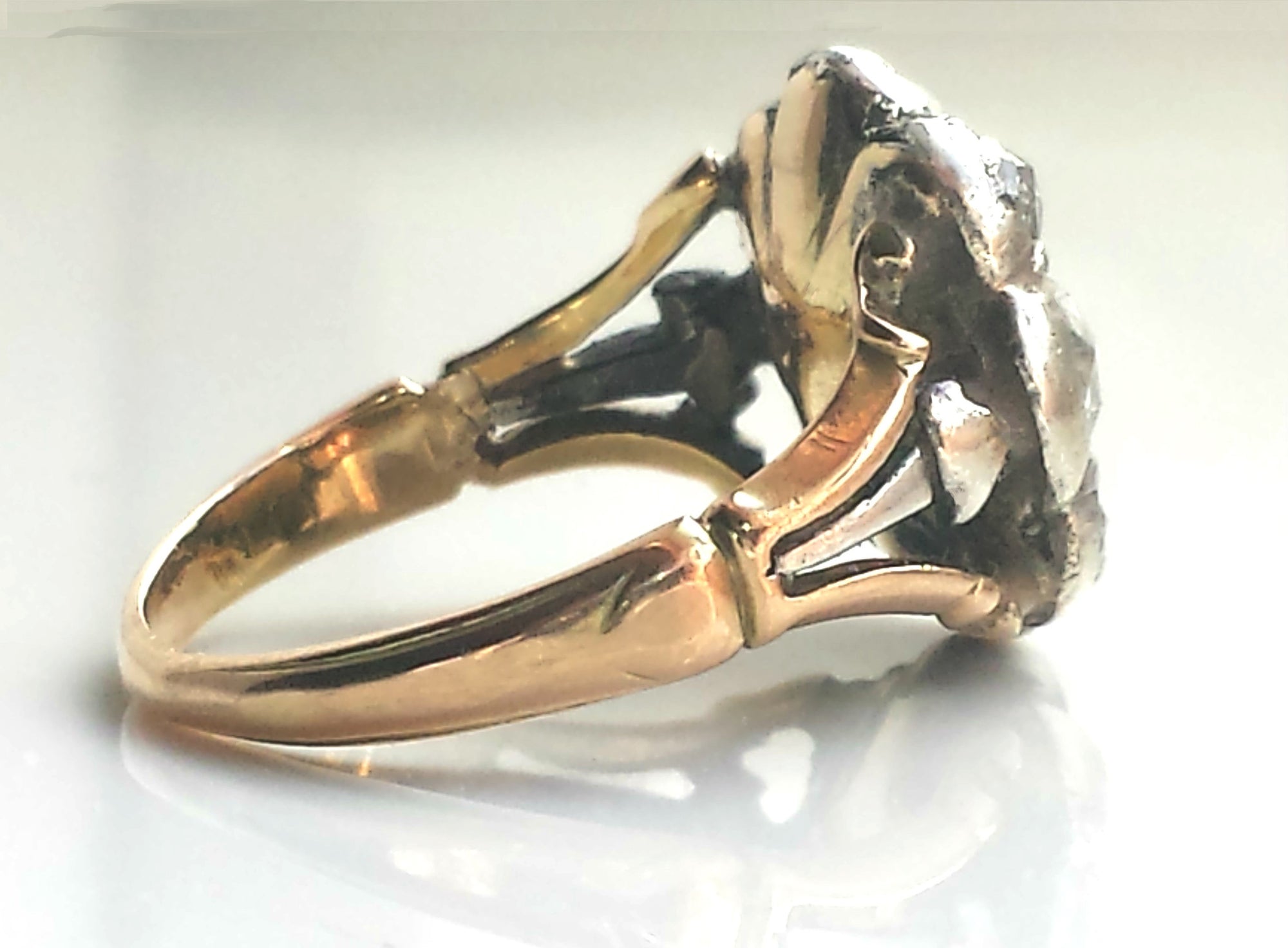 Antique Georgian 18k Gold, Rose Cut, Foil Backed Diamond Flower Engagement Ring