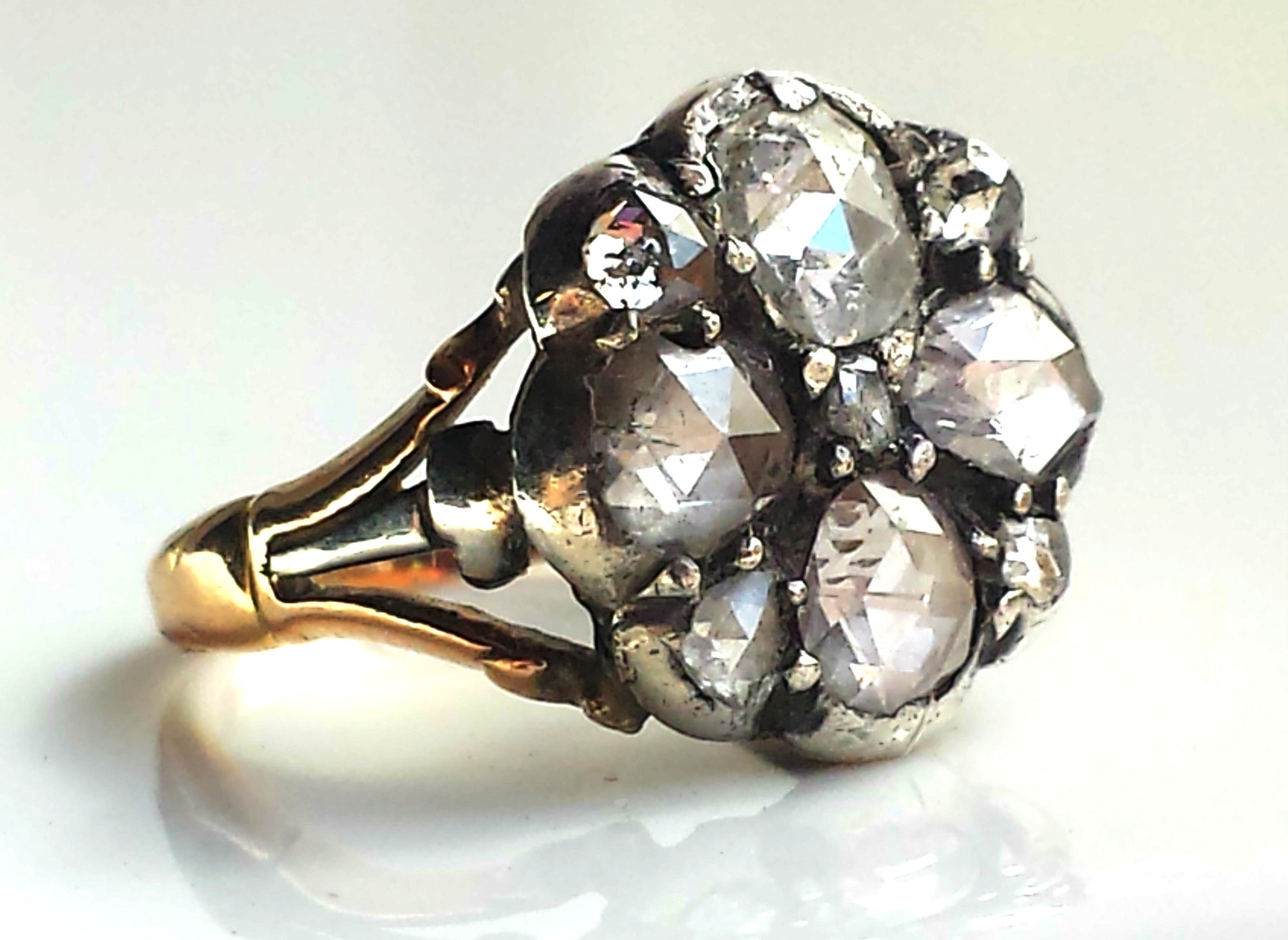 Antique Georgian 18k Gold, Rose Cut, Foil Backed Diamond Flower Engagement Ring