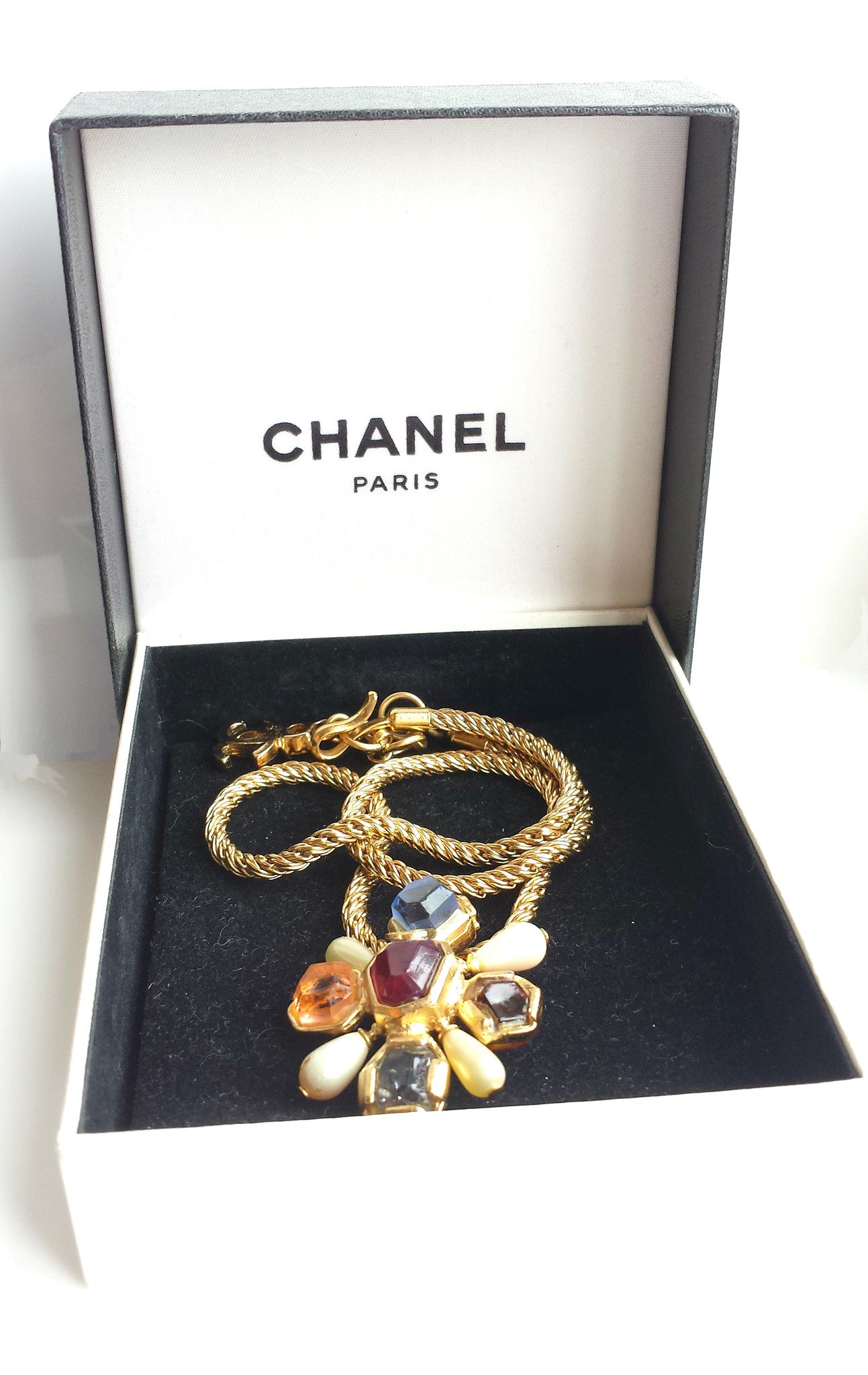 Chanel 01A 2001 Byzantine Cross Gripoix Poured Glass Coloured Stone Necklace with Faux Pearls