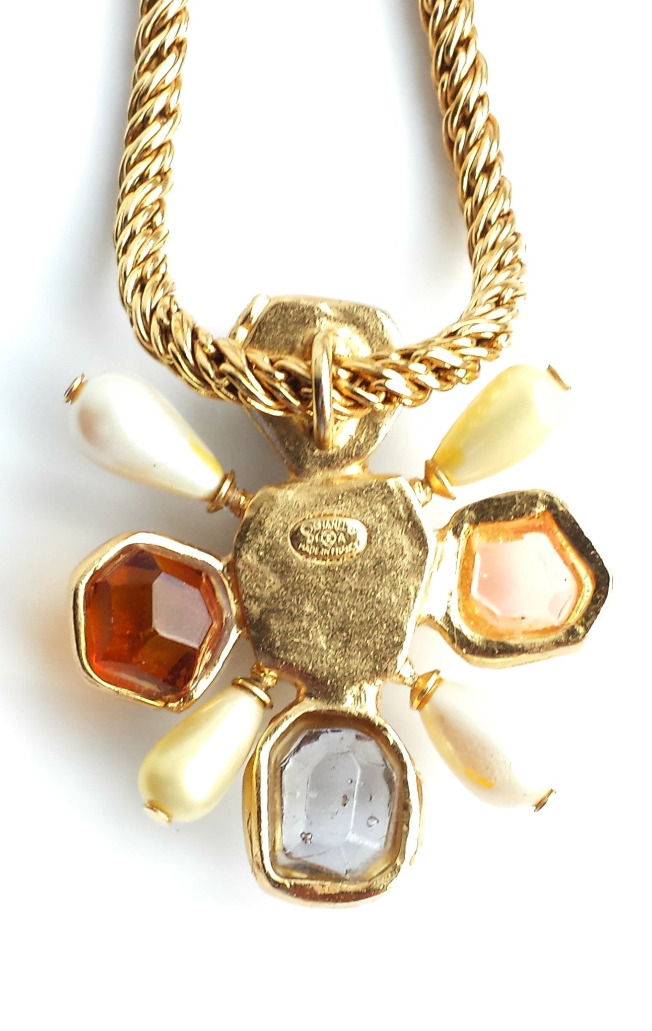 Chanel 01A 2001 Byzantine Cross Gripoix Poured Glass Coloured Stone Necklace with Faux Pearls