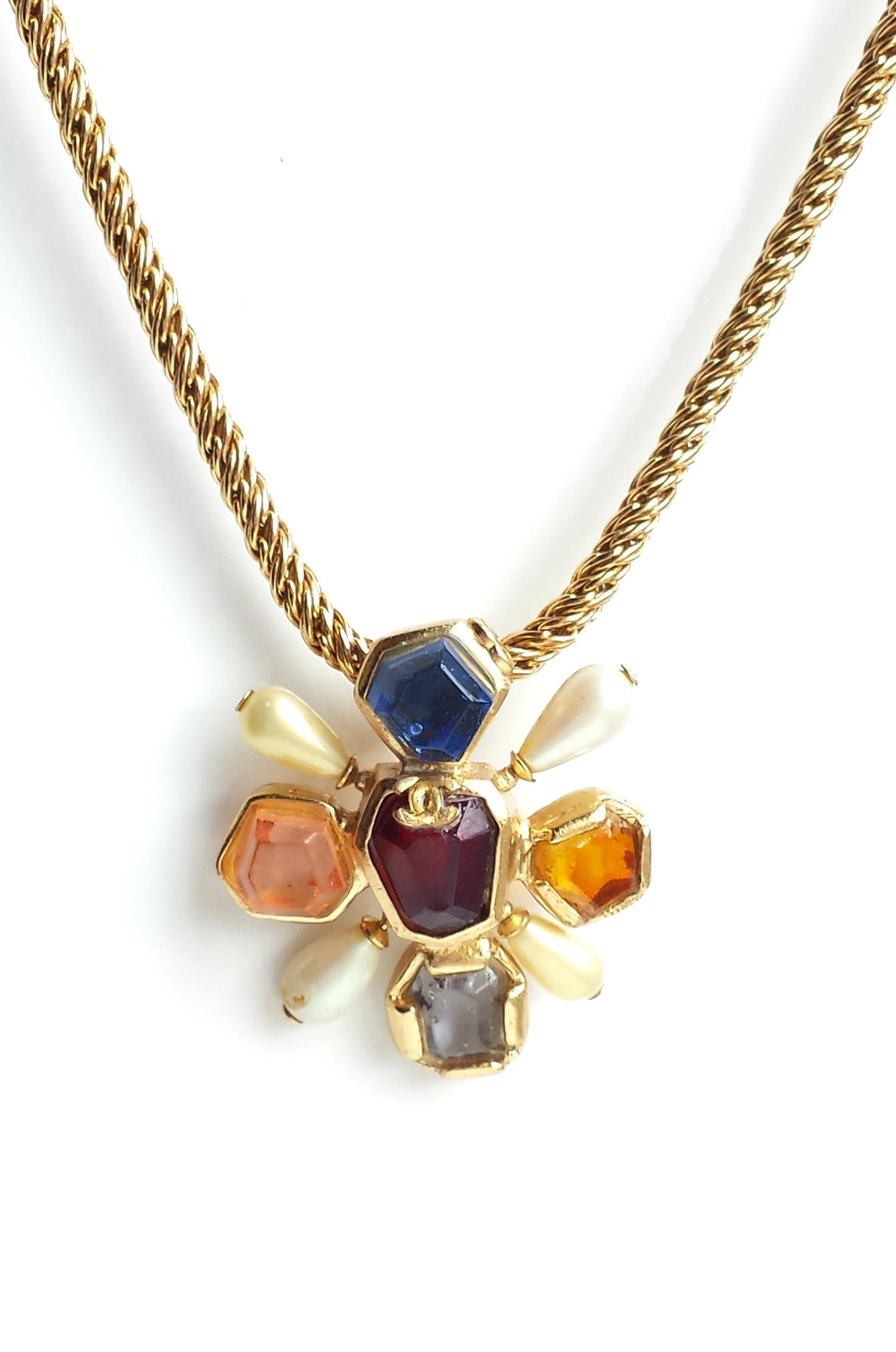 Chanel 01A 2001 Byzantine Cross Gripoix Poured Glass Coloured Stone Necklace with Faux Pearls