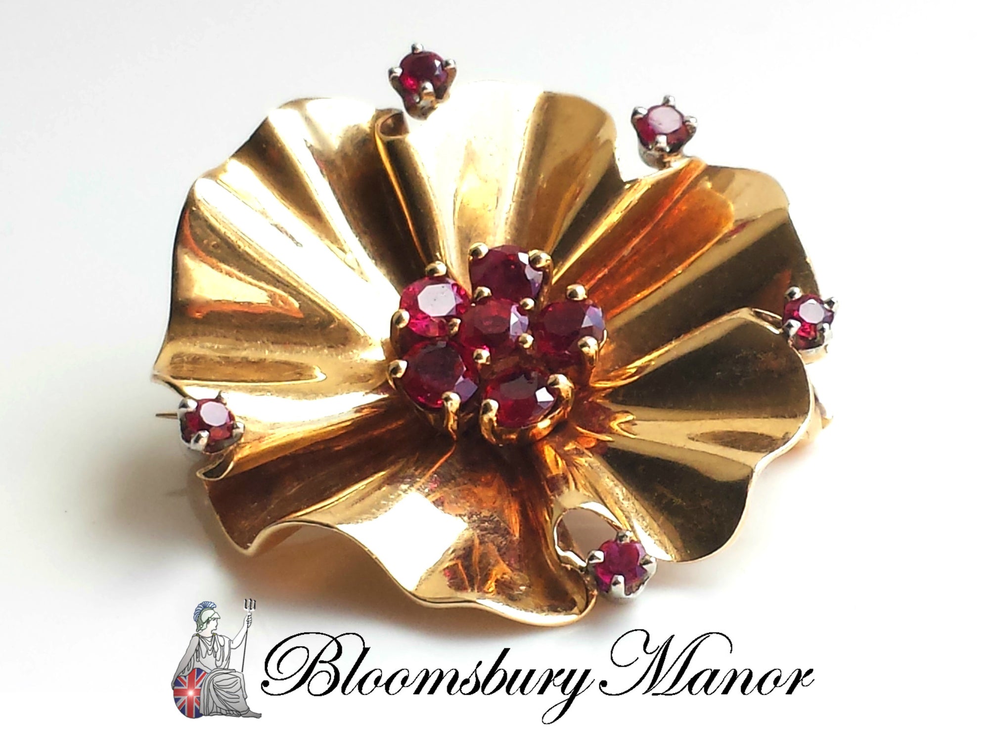 Rare Vintage Retro Tiffany & Co. Mid-century Modernist 1940s 14k Gold & Ruby Flower Brooch