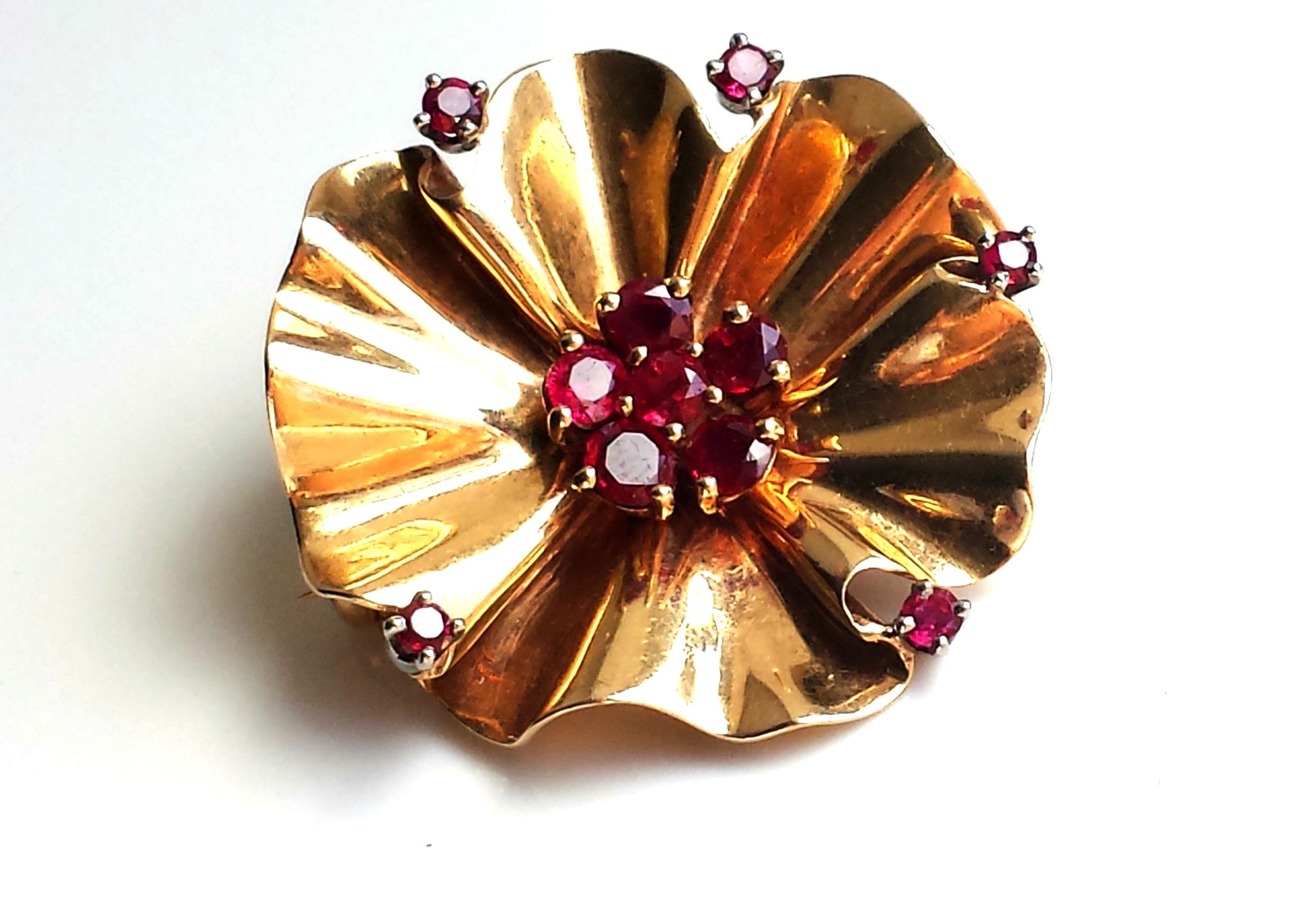 Rare Vintage Retro Tiffany & Co. Mid-century Modernist 1940s 14k Gold & Ruby Flower Brooch