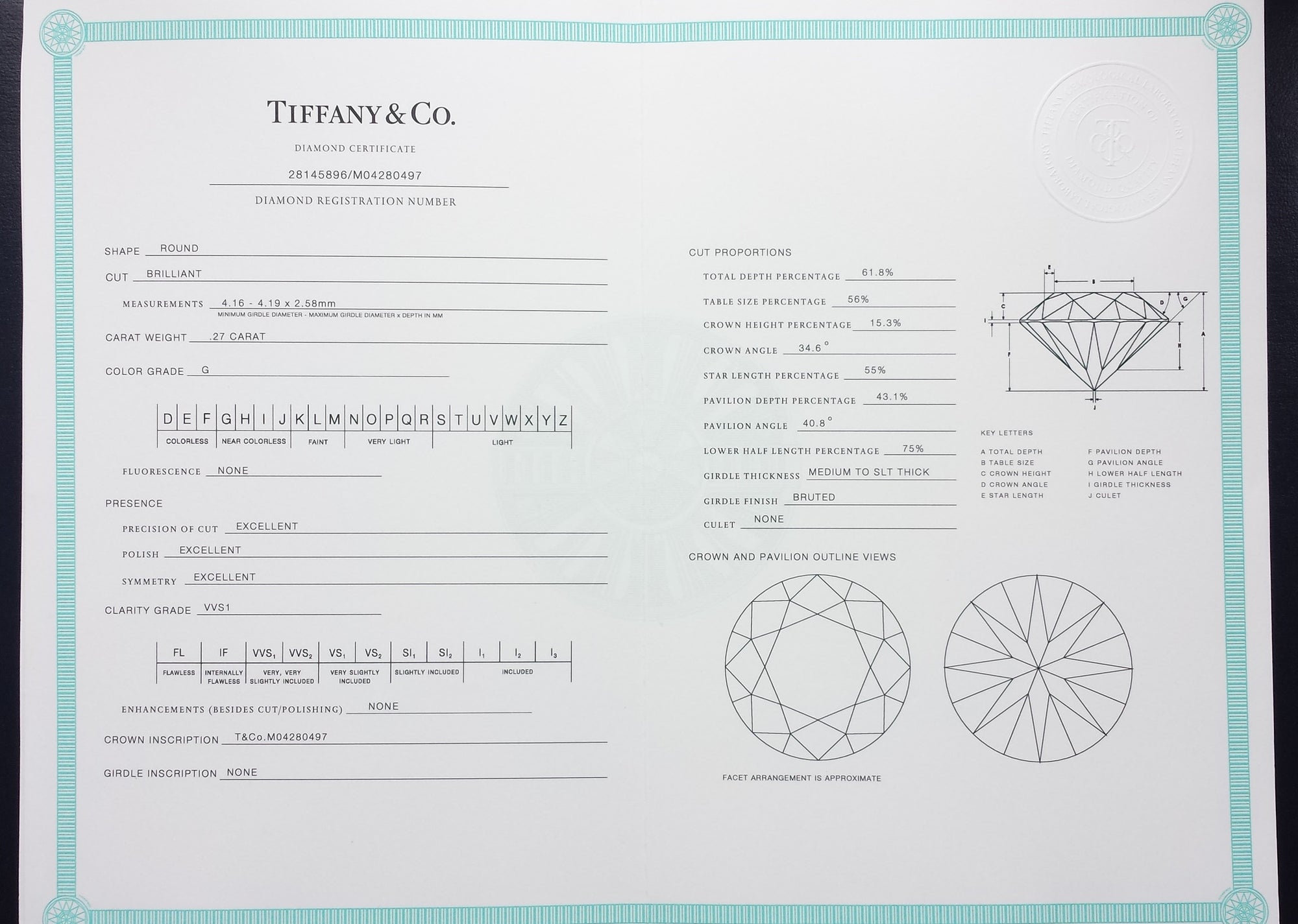 Tiffany & Co .27ct G/VS1 Round Brilliant Diamond Platinum Engagement Ring