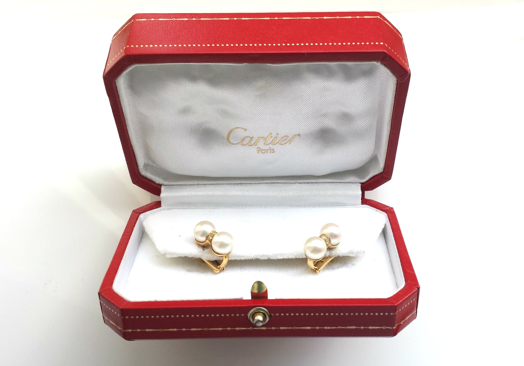 Vintage Cartier Twin 7.5mm Akoya Pearl & Diamond Earrings in 18k Yellow Gold