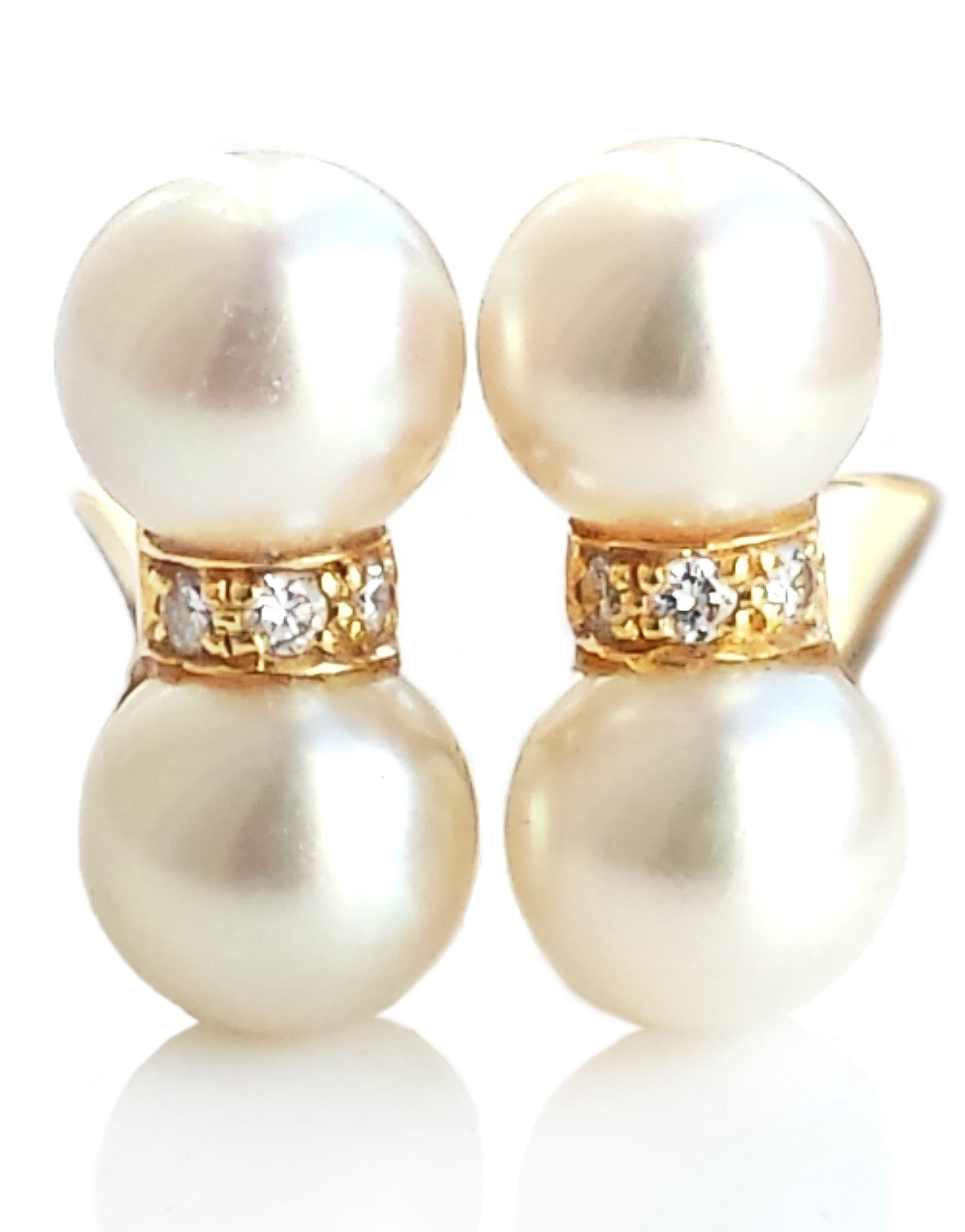 Vintage Cartier Twin 7.5mm Akoya Pearl & Diamond Earrings in 18k Yellow Gold