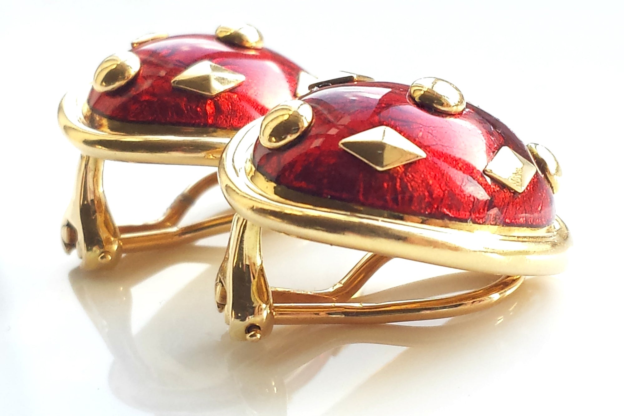 Tiffany & Co. Schlumberger Red Dot Lozenge Enamel Earrings in 18k Yellow Gold