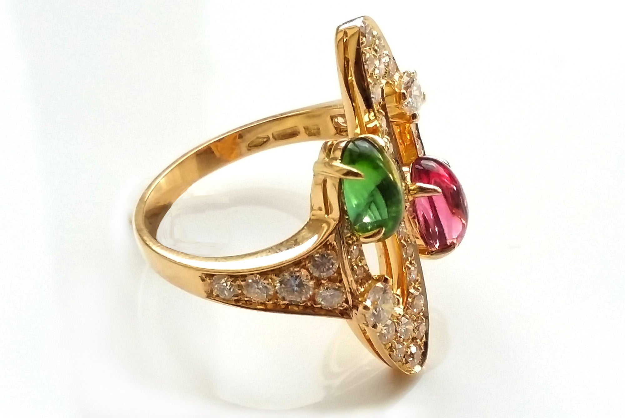 Bulgari 'Elisia' 18k Yellow Gold Ring with Diamonds & Green and Red Tourmaline Gemstones