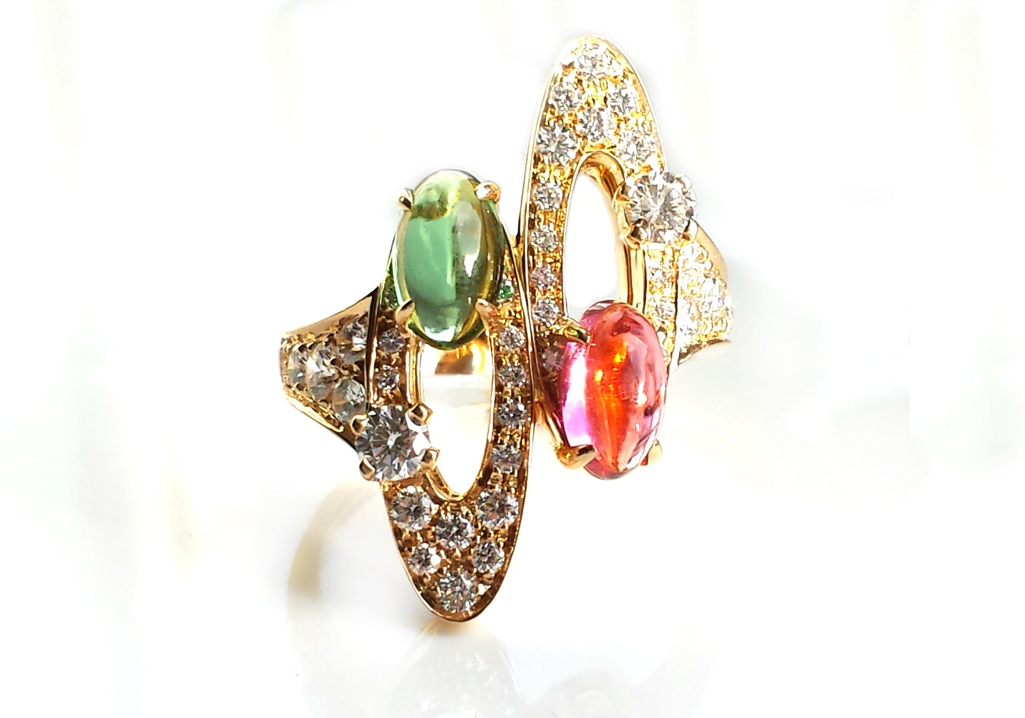 Bulgari 'Elisia' 18k Yellow Gold Ring with Diamonds & Green and Red Tourmaline Gemstones