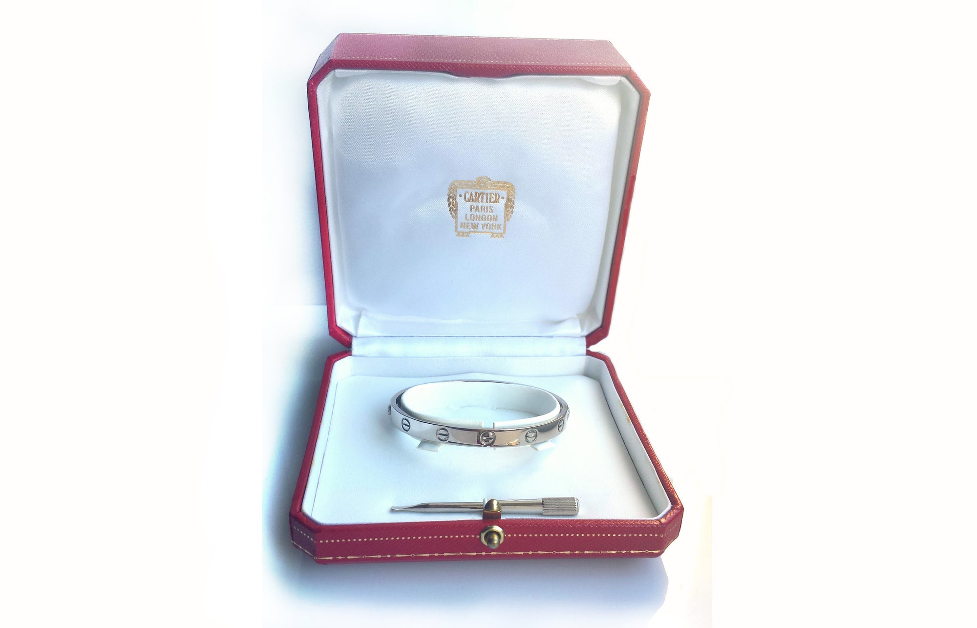 Cartier 18k White Gold Love Bracelet Bangle SZ 17, Box, receipt, certificate