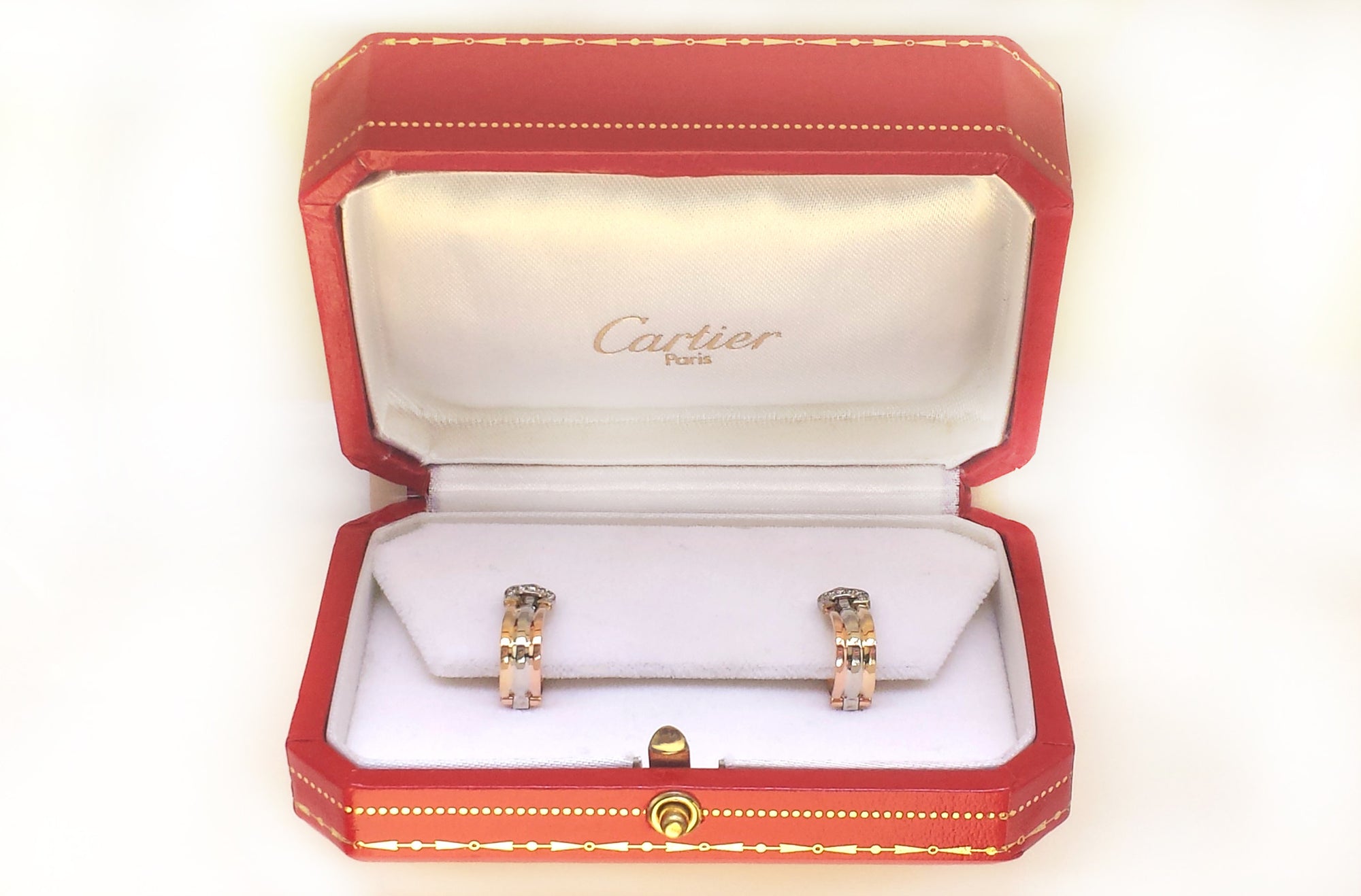 Cartier C de Decor Trinity 18k Gold Diamond Earrings Pierced Ears Box 1990s