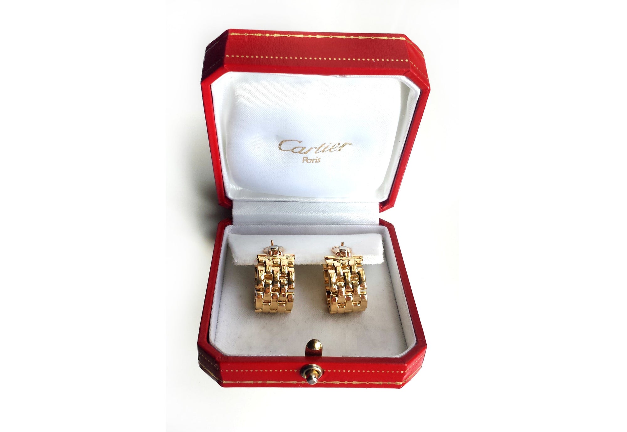 Classic Cartier 1990s 5 Row Maillon Panthere 18k Gold Earrings Pierced Box