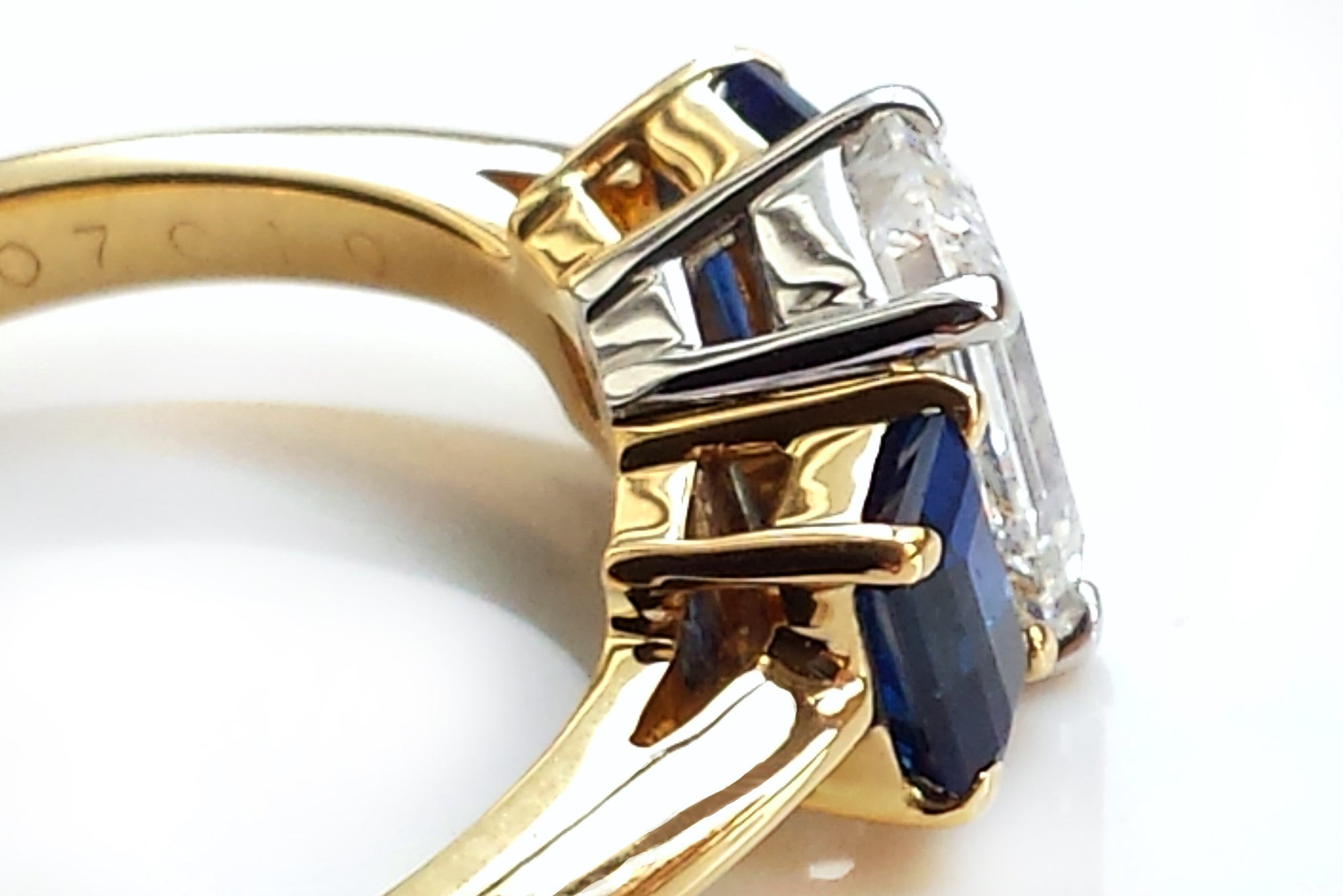 Tiffany & Co. Emerald Cut 1.95tcw D/VS1 Three Stone Diamond & Sapphire Engagement Ring in 18k Gold & Platinum