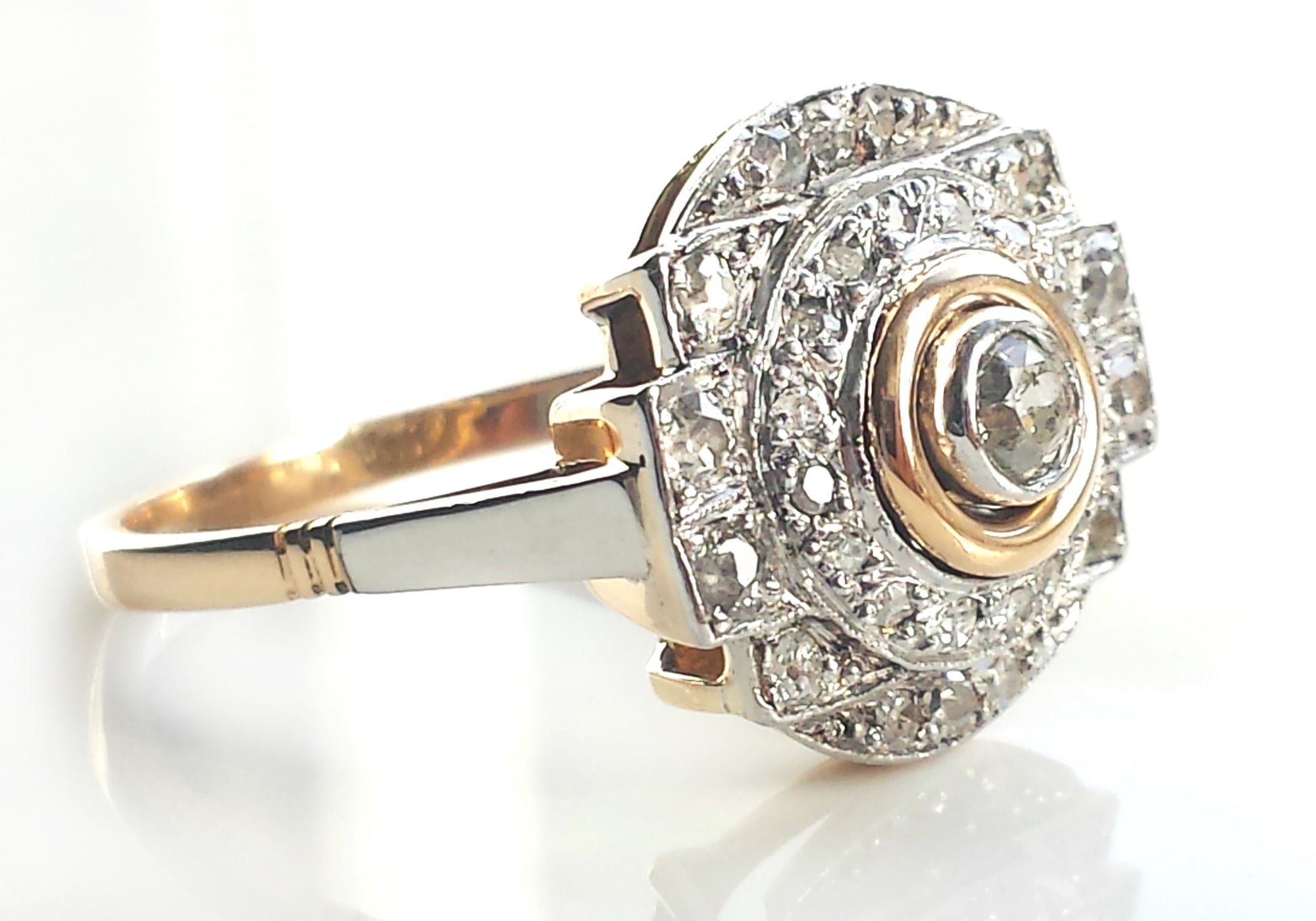 French Art Deco Shield 1.36tcw Diamond Engagement Ring in Platinum & 18k Yellow Gold
