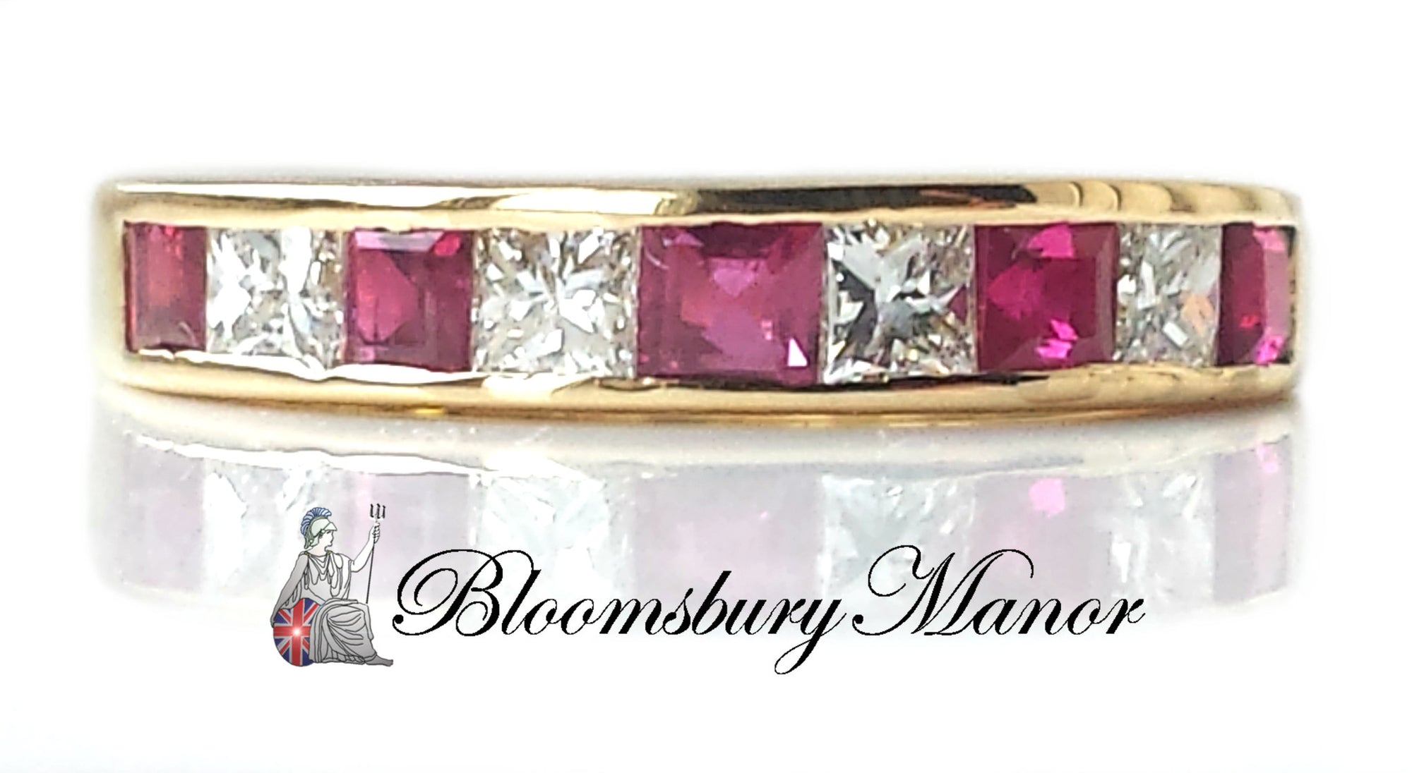 Vintage 1990s Tiffany & Co 18k Gold Princess Diamond Ruby Wedding Eternity Ring