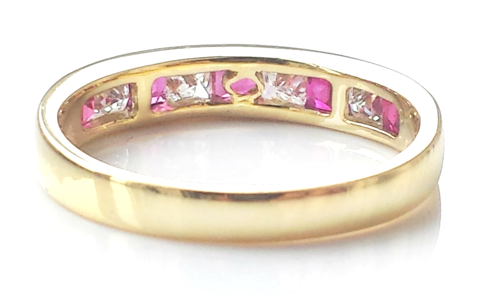 Vintage 1990s Tiffany & Co 18k Gold Princess Diamond Ruby Wedding Eternity Ring
