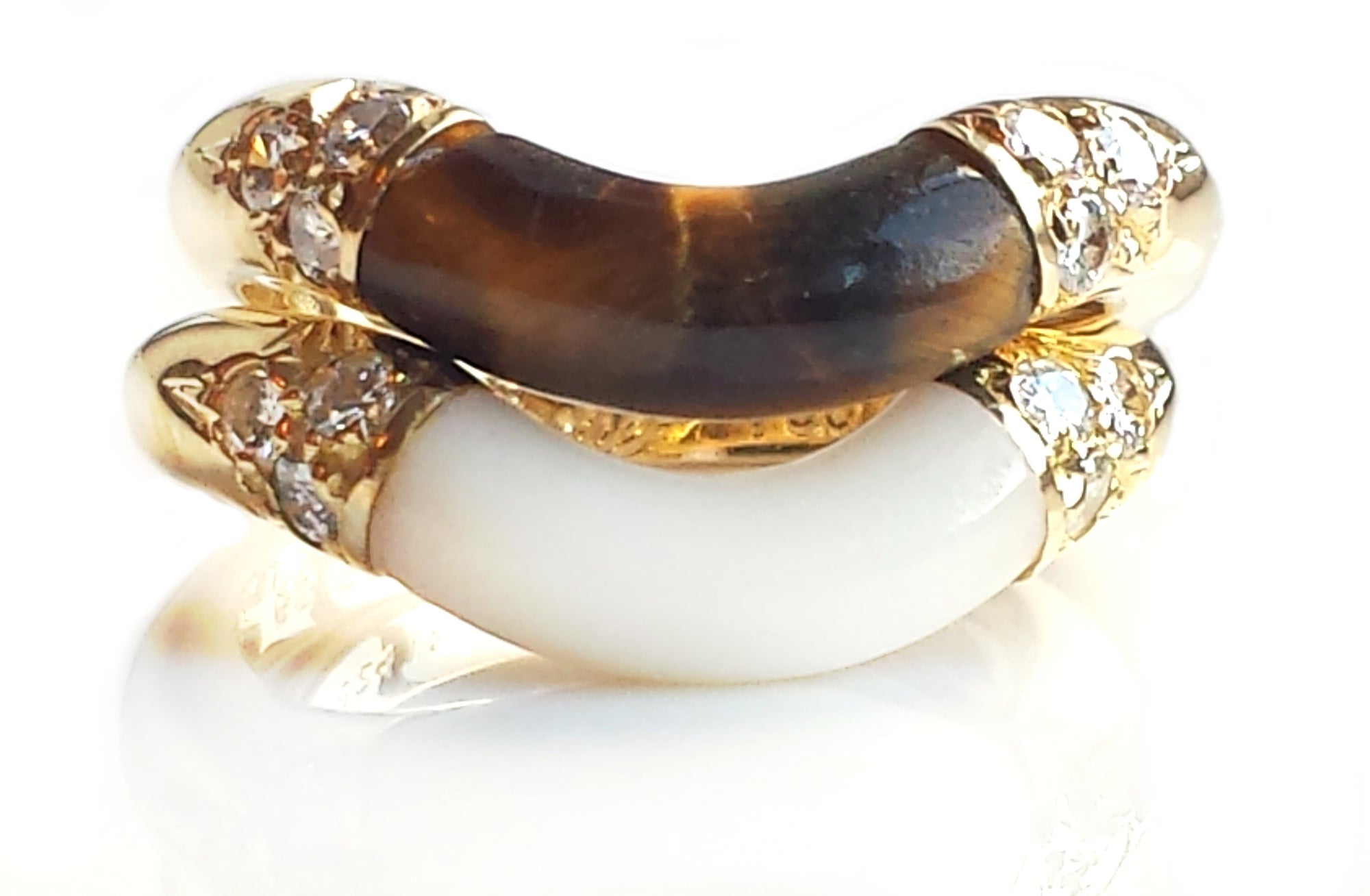 Vintage 1960s Cartier Tigers Eye Diamond Wave Ring 18k Yellow Gold Mid Century