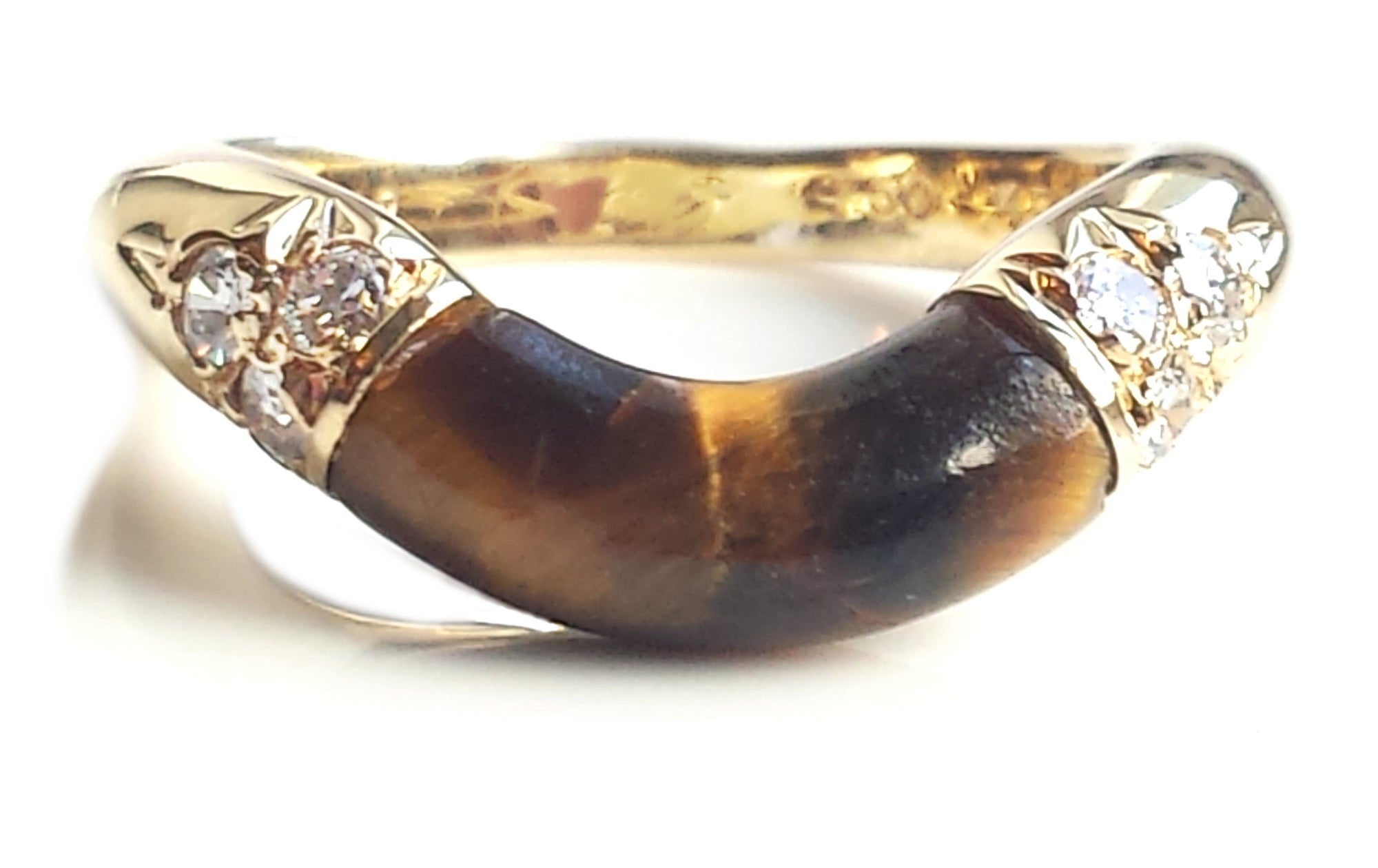 Vintage 1960s Cartier Tigers Eye Diamond Wave Ring 18k Yellow Gold Mid Century
