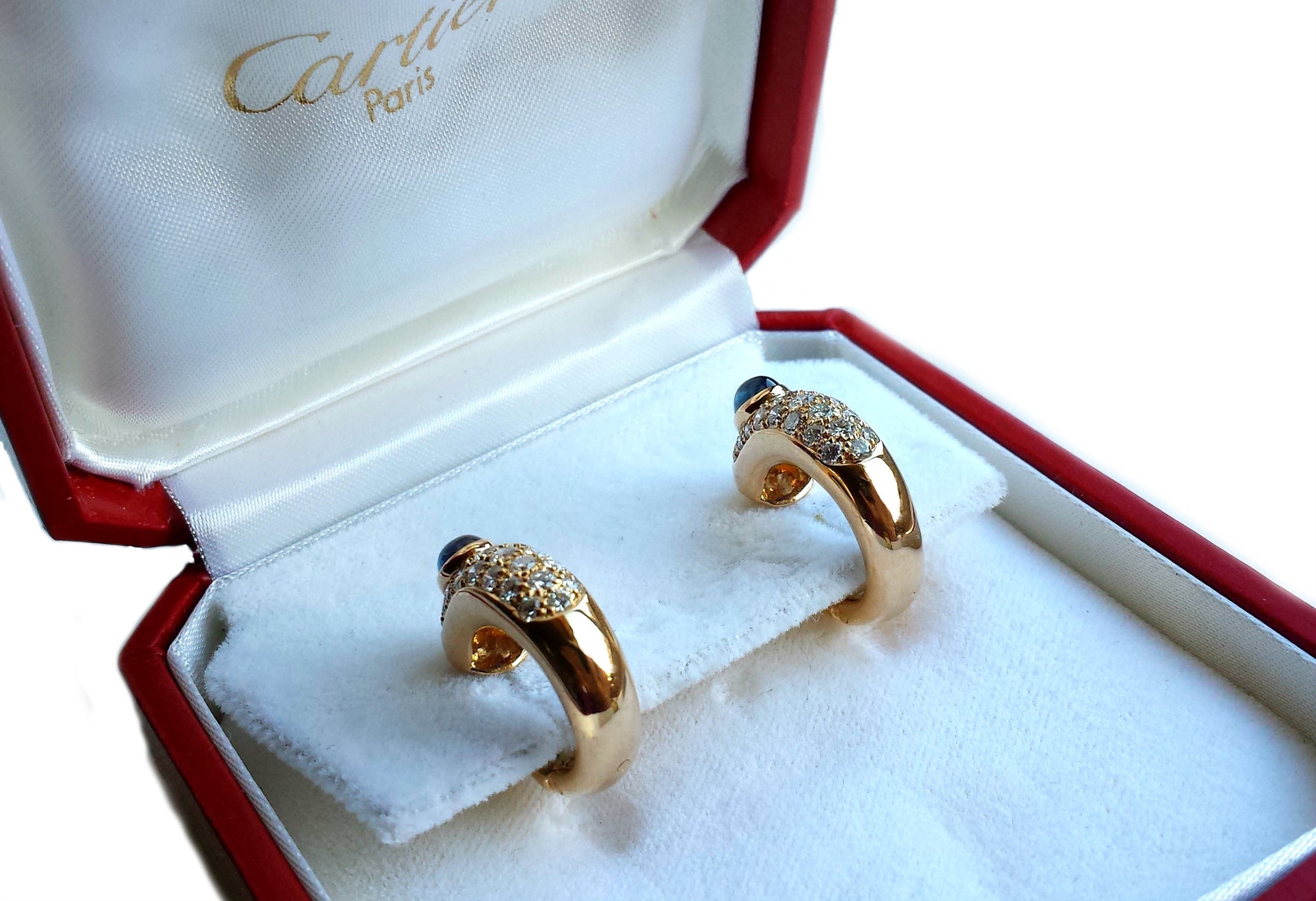 Vintage Cartier 1990s 18k Yellow Gold Sapphire Diamond Pavé Set Hoop Clip Earrings