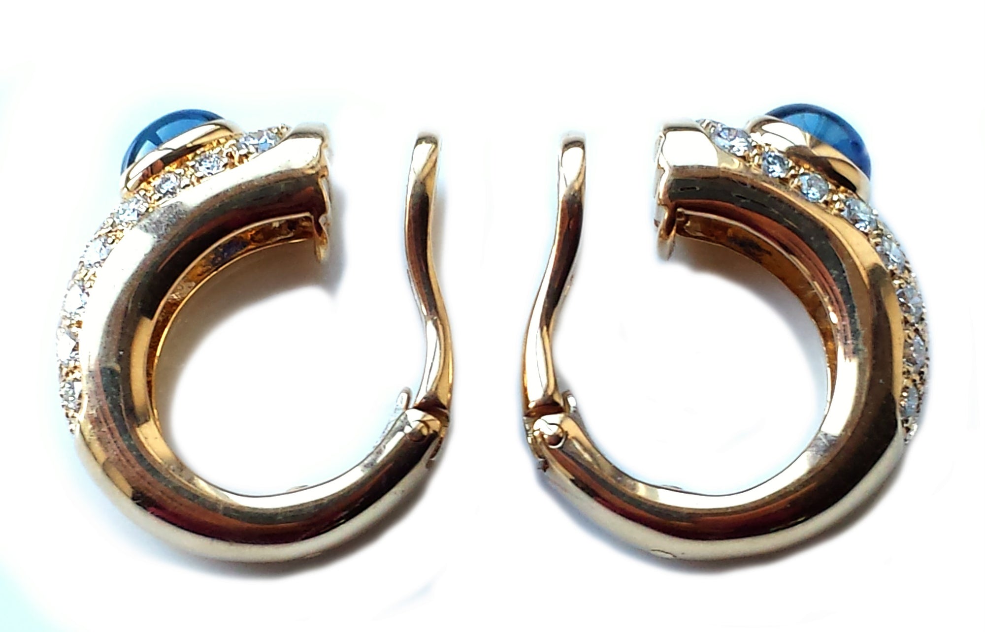 Vintage Cartier 1990s 18k Yellow Gold Sapphire Diamond Pavé Set Hoop Clip Earrings