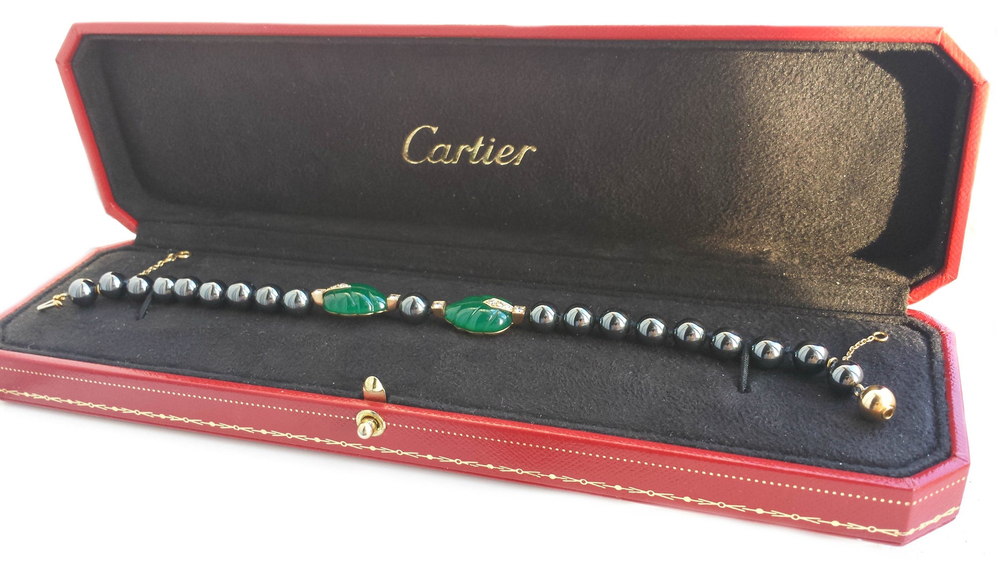 Vintage Cartier Hematite, Chalcedony, Diamond & 18k Gold Leaf Bracelet – Deco Style