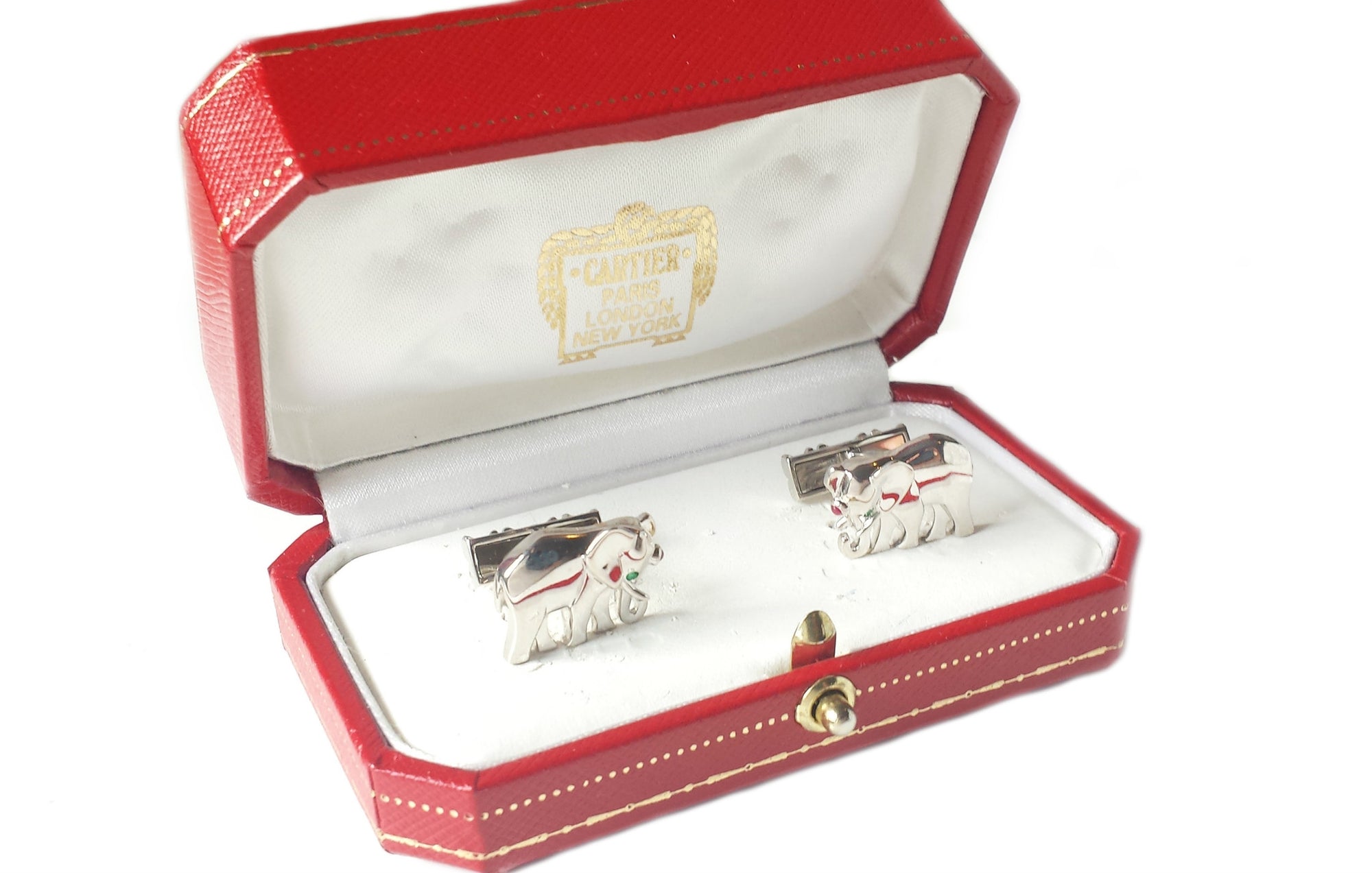 Cartier Elephant Emerald Ruby 18k White Gold Cufflinks Box