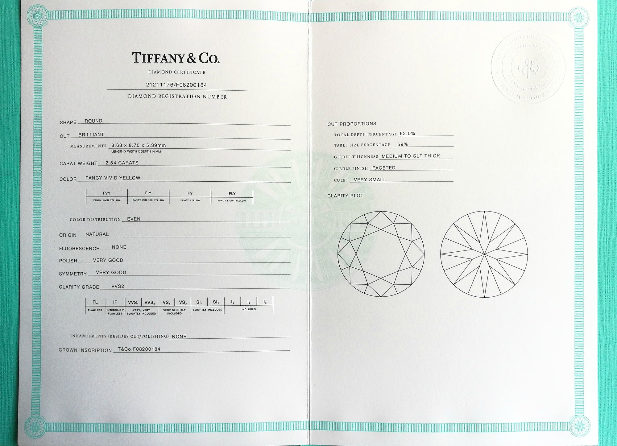 Tiffany & Co. 2.54ct Fancy Vivid Yellow Diamond Certificate