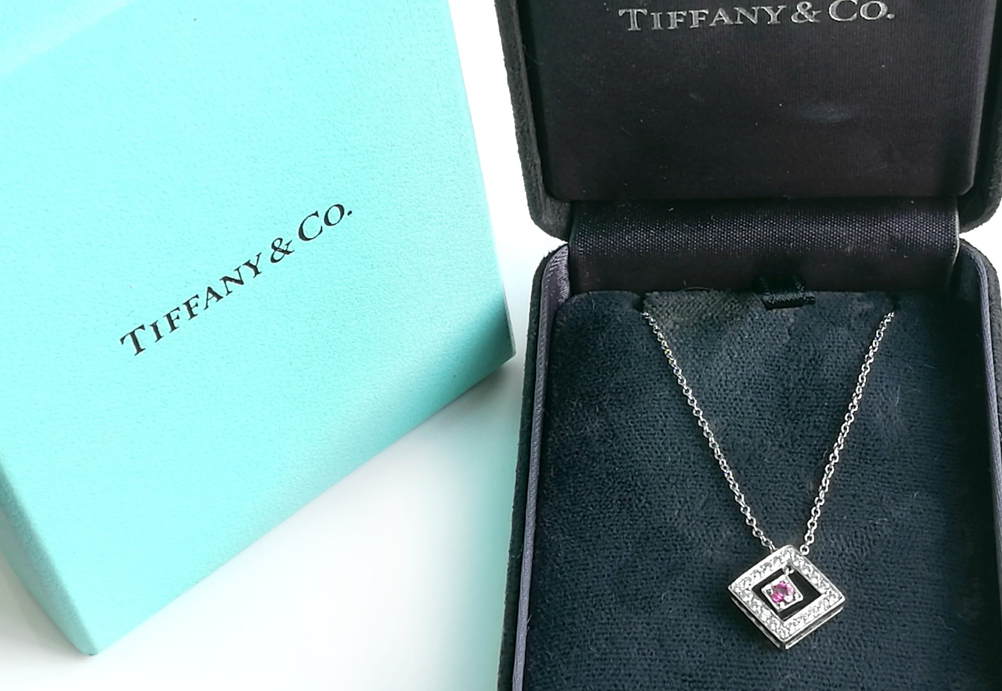 Tiffany & Co. Diamond, Platinum & Pink Sapphire Open Square Pendant