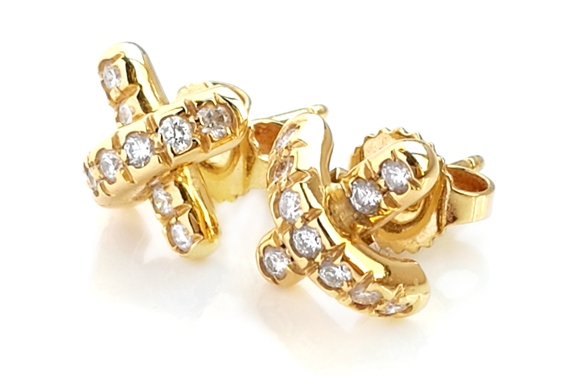 Tiffany 18k Gold Diamond Signature X Cross Kiss Earrings 8mm