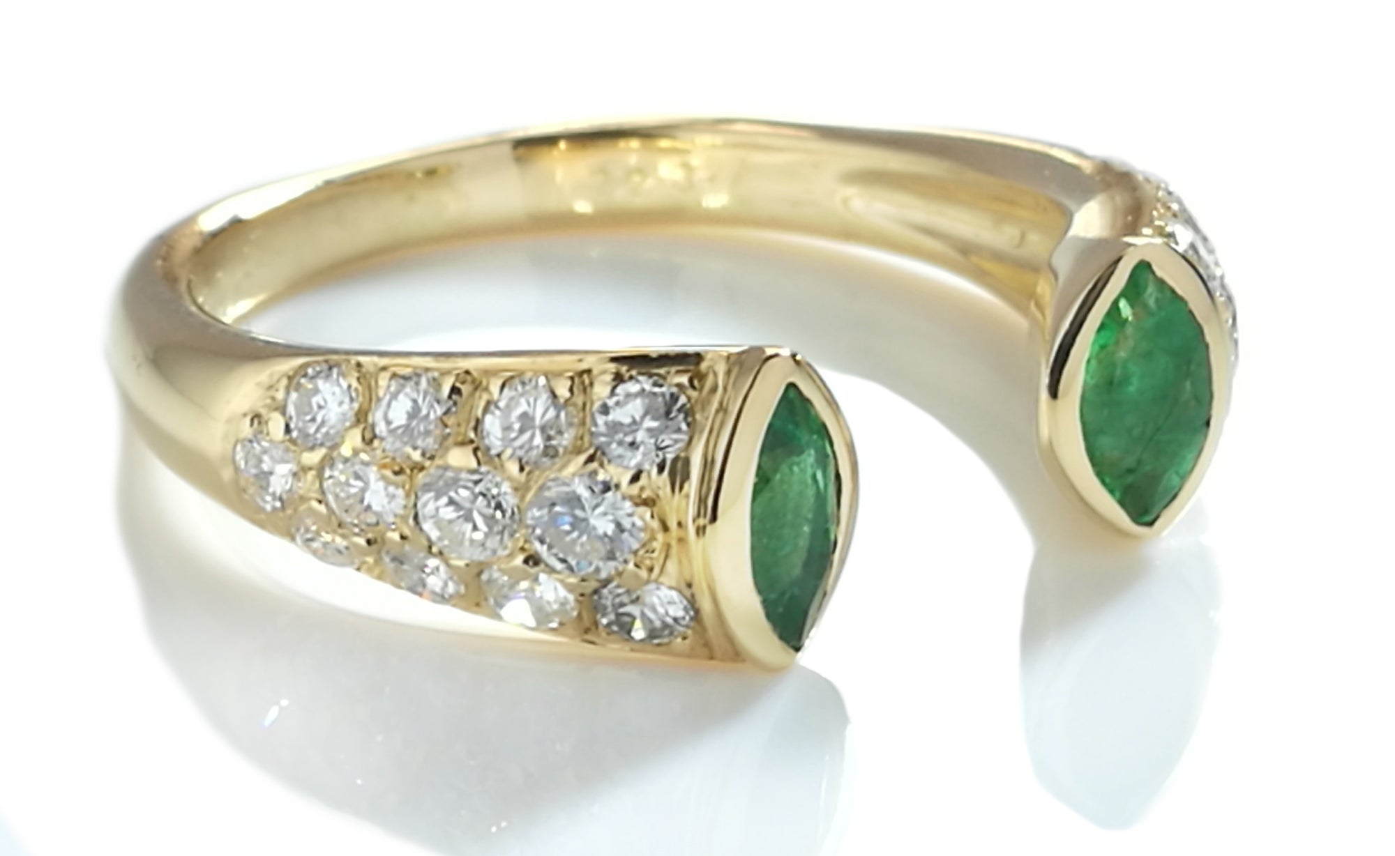 Vintage 1990s Cartier Marquise Cut Emerald, Diamond Pave & 18k Gold Open Ring
