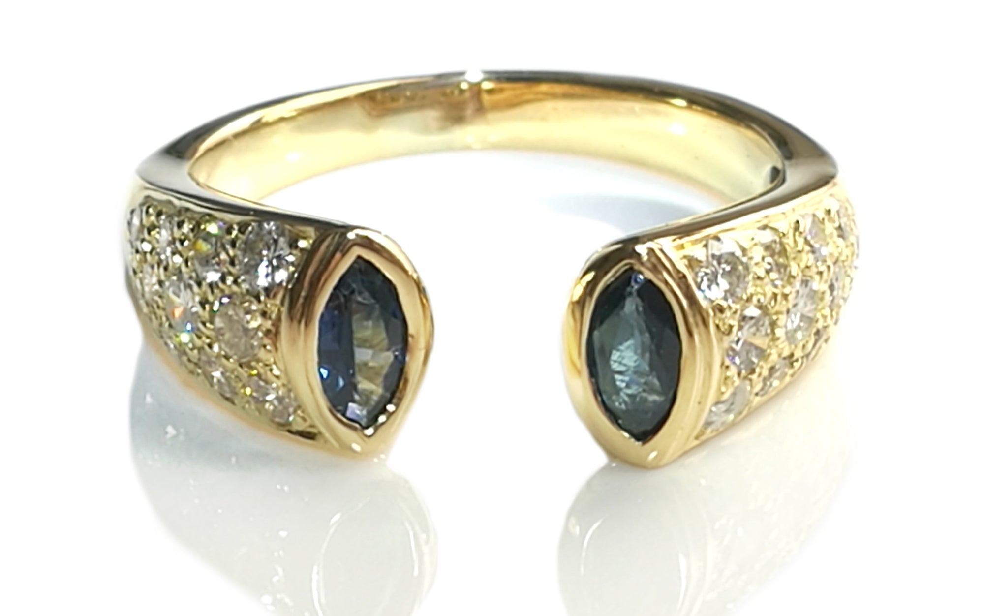 Vintage 90s French Sapphire, Diamond & 18k Yellow Gold Pave Open Front Ring, Sz M/53